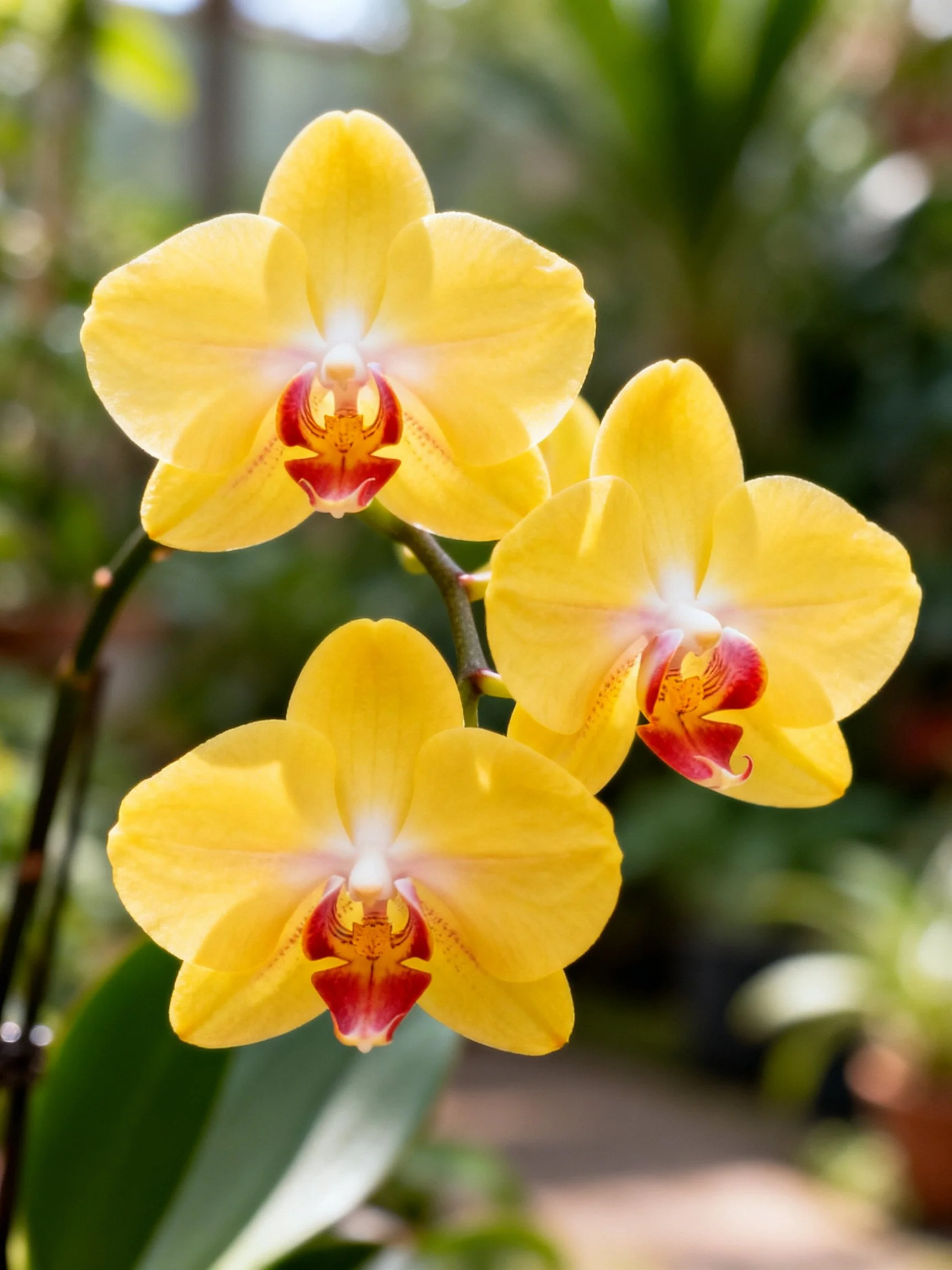 Three bright yellow orchid blooms with reddish-brown centers