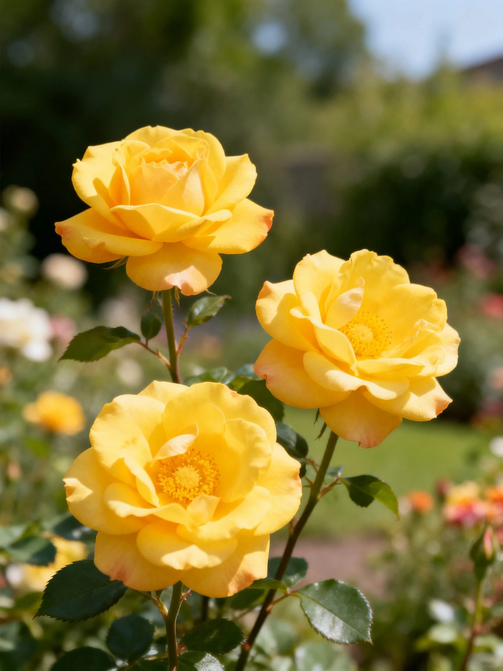 Three bright yellow roses bloom in a sunlit garden