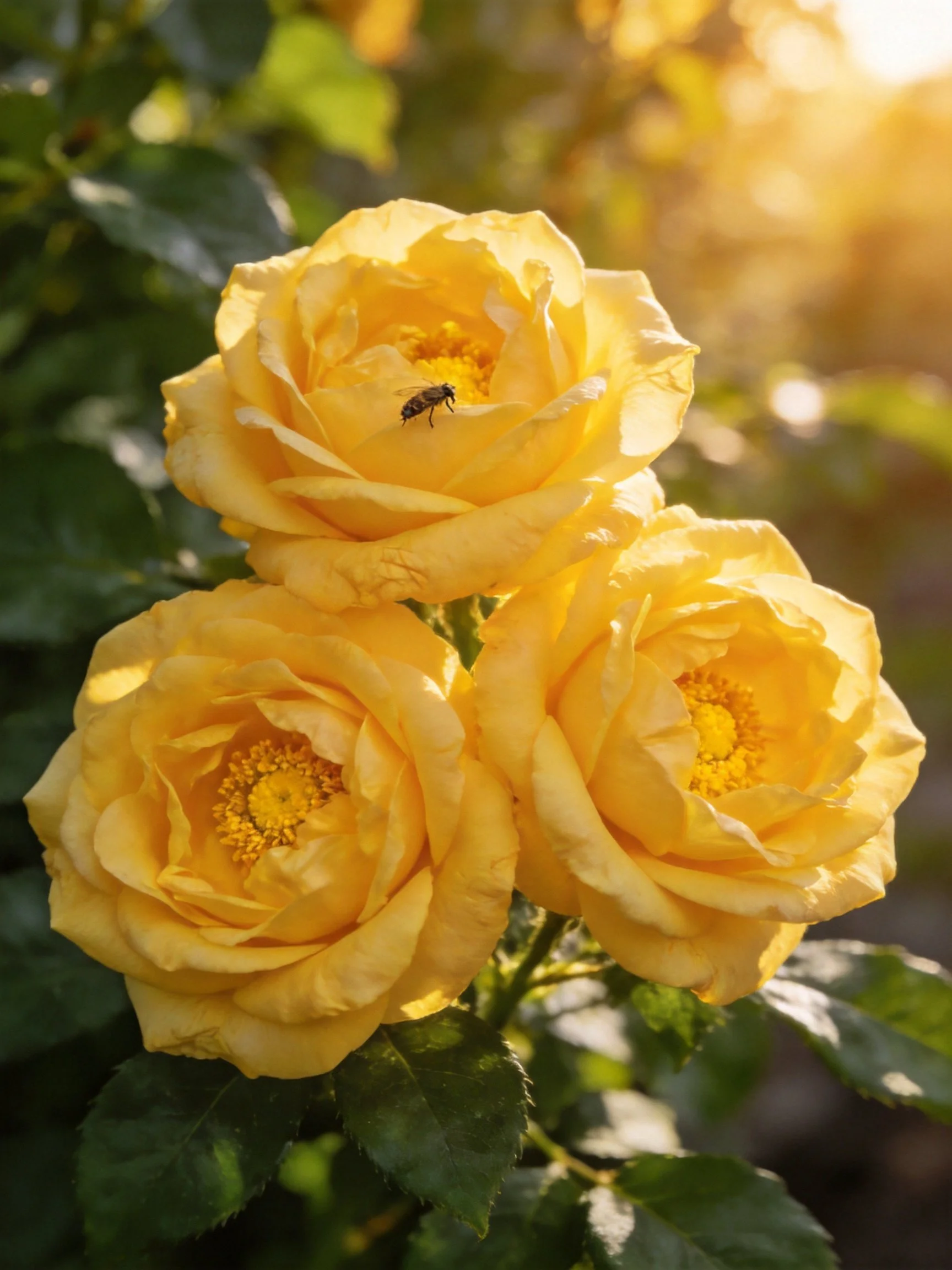 Three bright yellow roses with a bee, green leaves, and golden sunlight