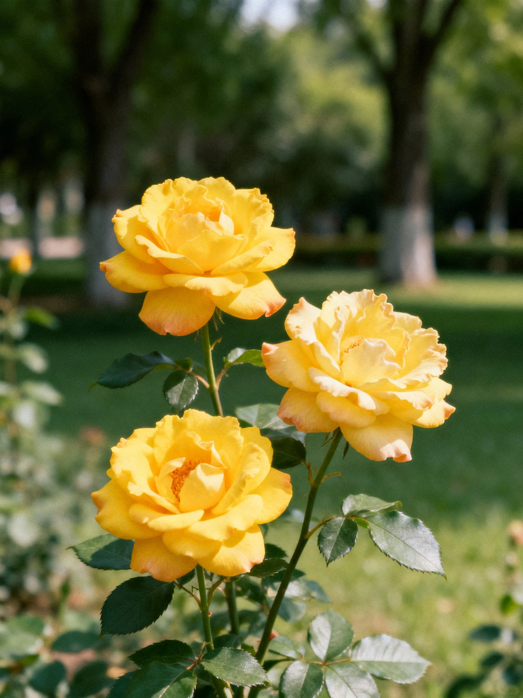Three bright yellow roses with green foliage in a sunlit park