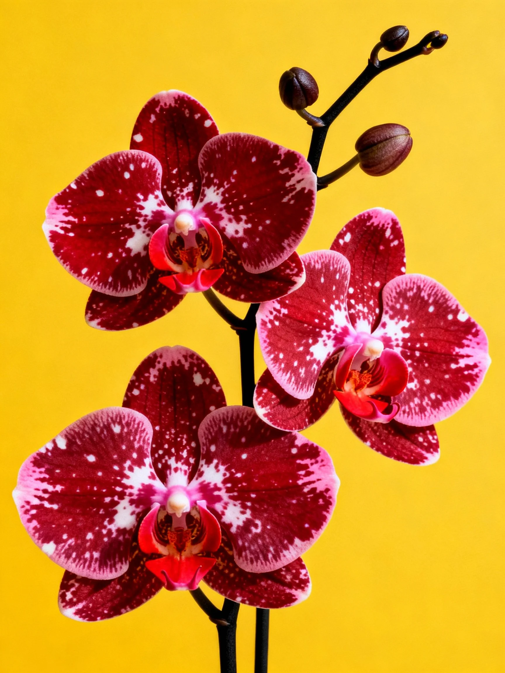 Three burgundy orchids with white speckles on dark stems against bright yellow