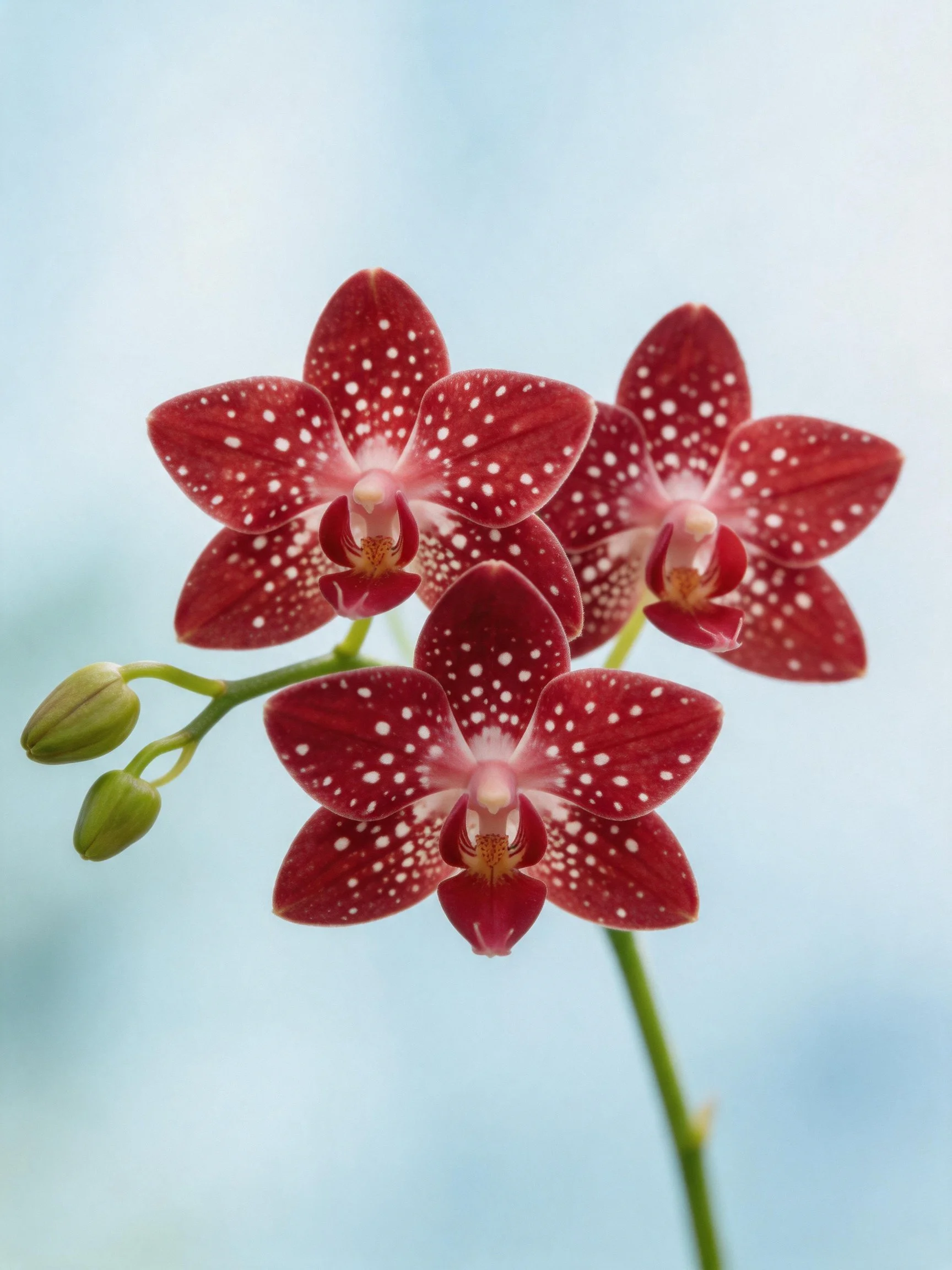 Three burgundy-spotted orchids with green flower buds