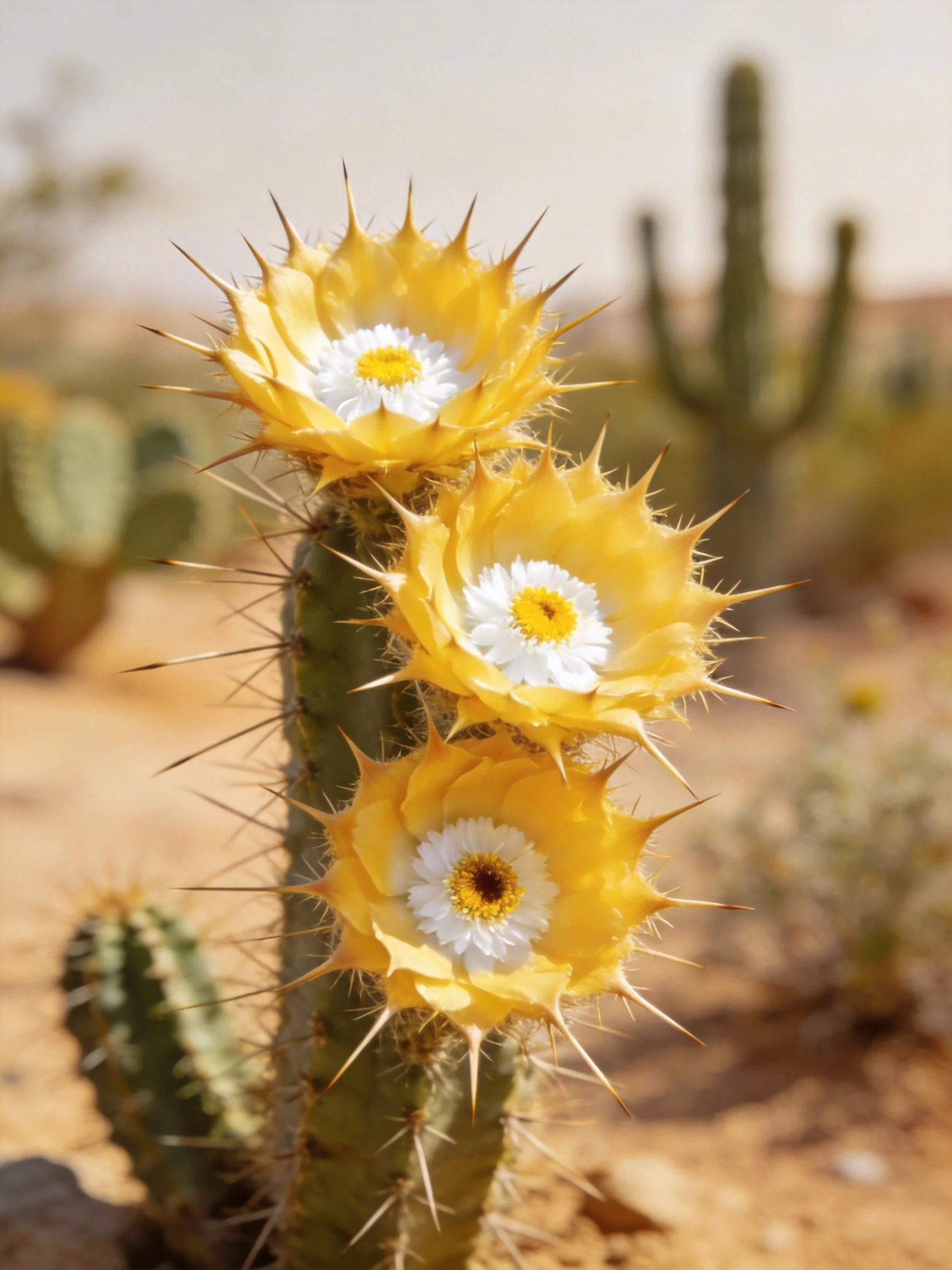Three cacti with bright yellow blooms in desert environment