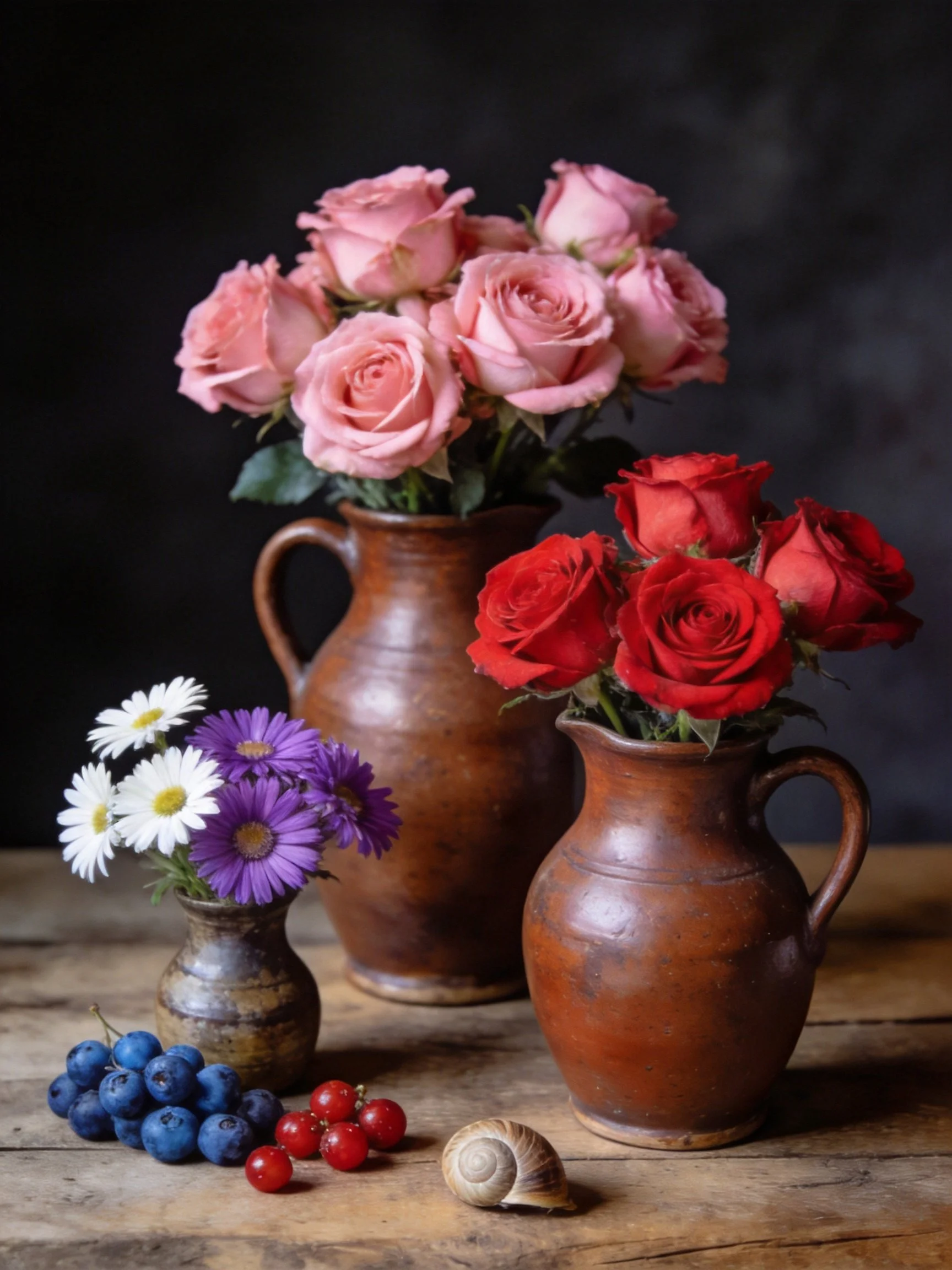 Three ceramic vessels display pink, red, white, purple flowers; blueberries, red berries, and a snail