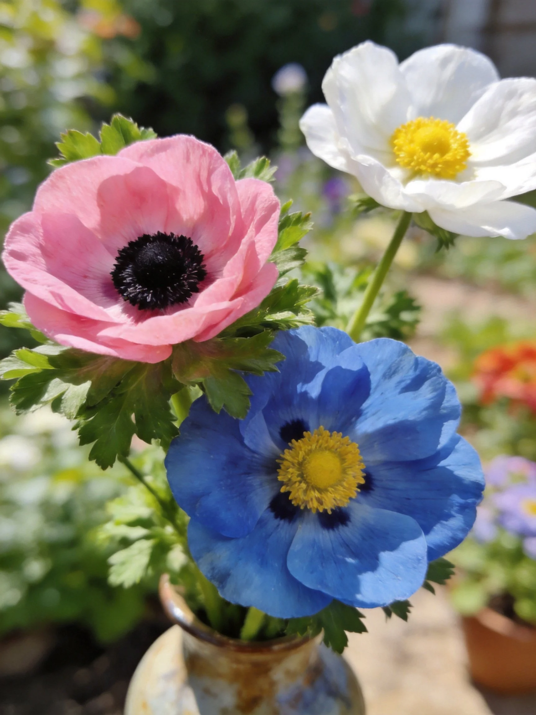 Three colorful anemone flowers in a decorative vase