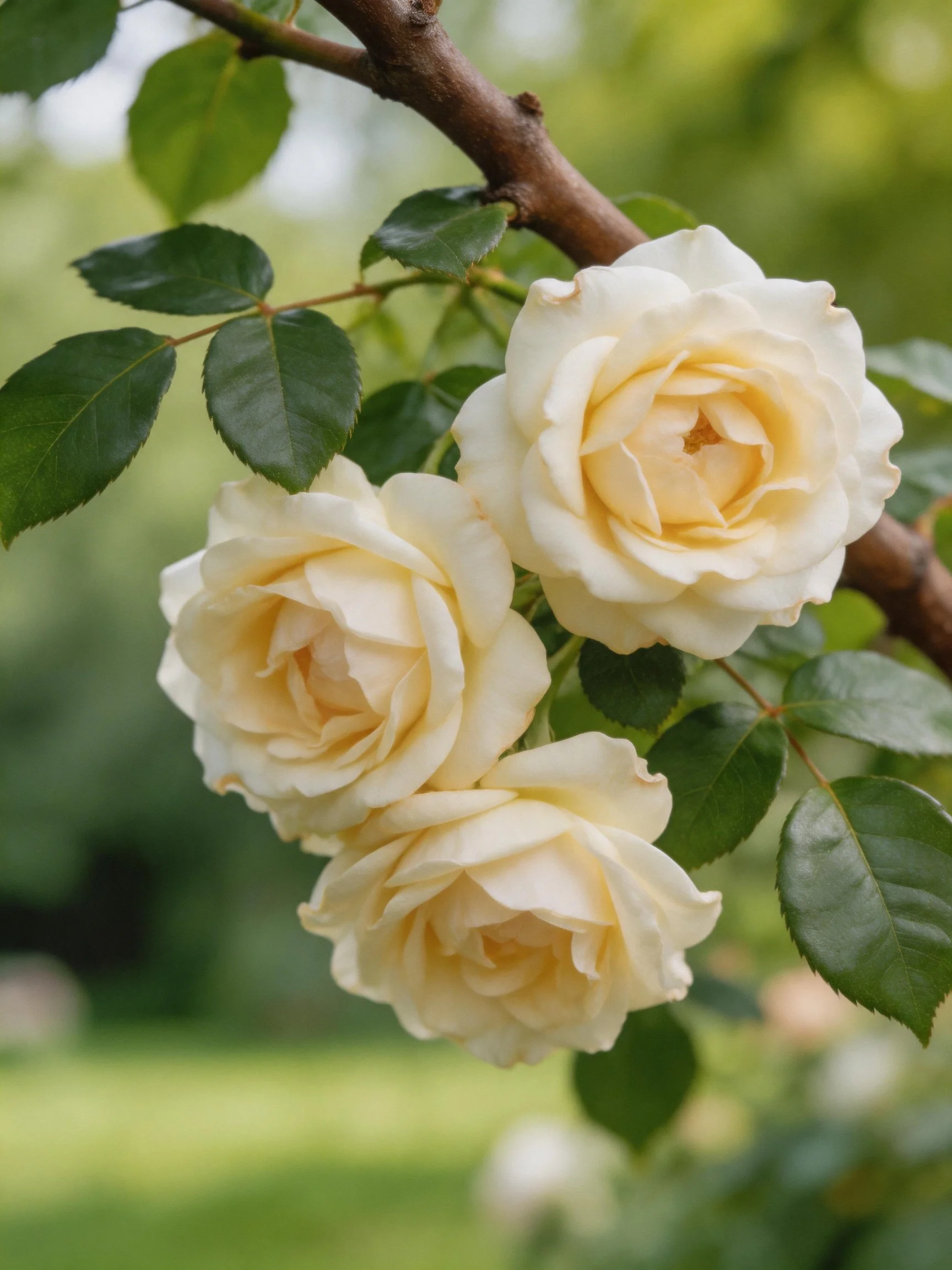 Three cream roses bloom on a brown branch with dark green leaves
