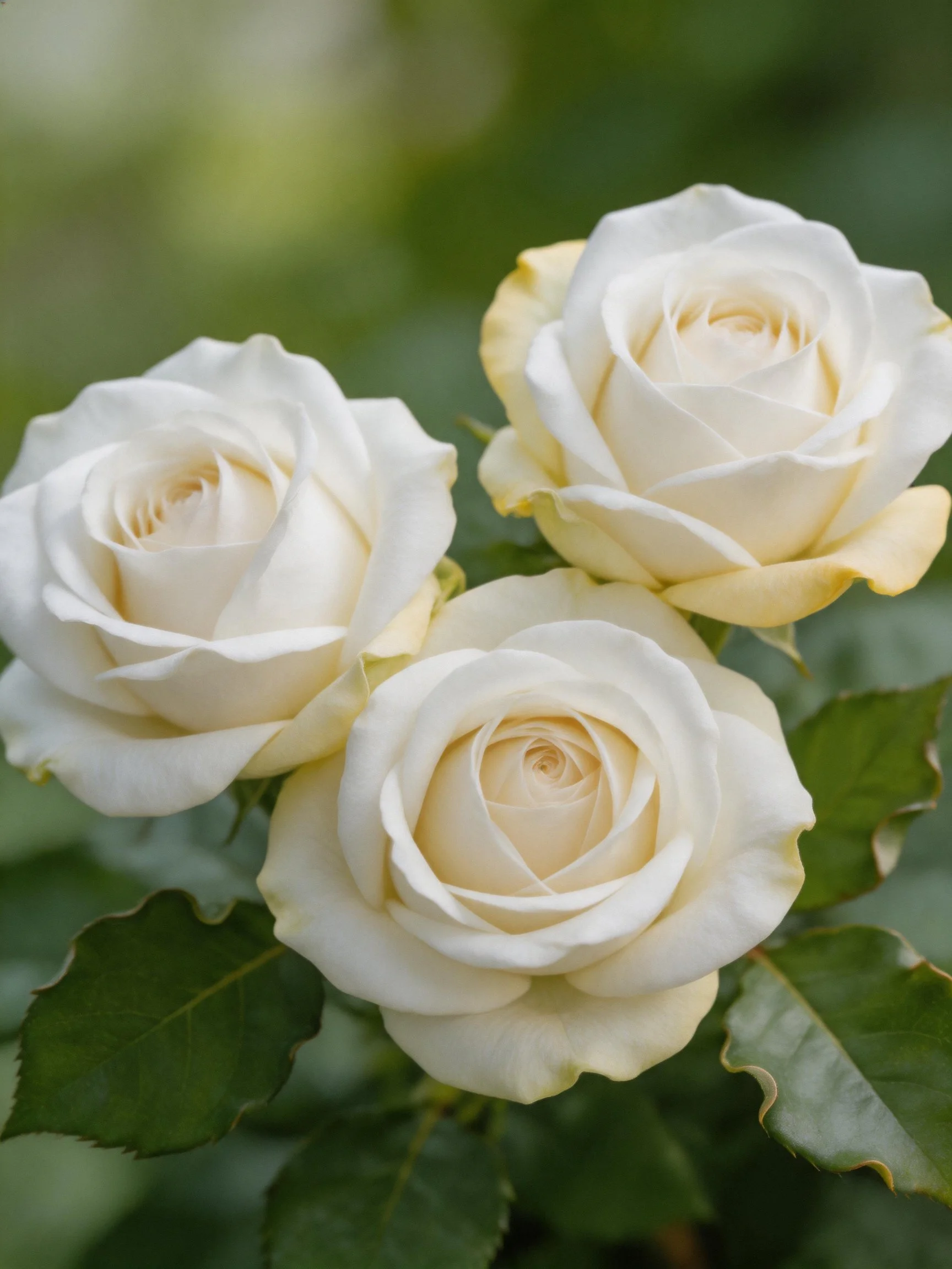 Three creamy white roses with green foliage in soft focus