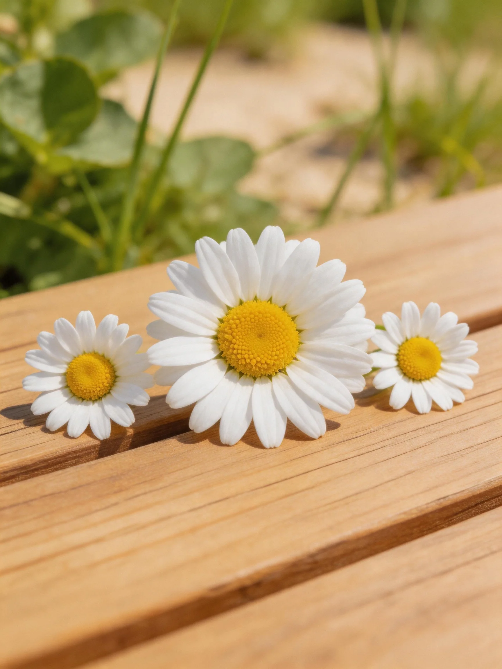 Three daisies of varying sizes on a wooden bench