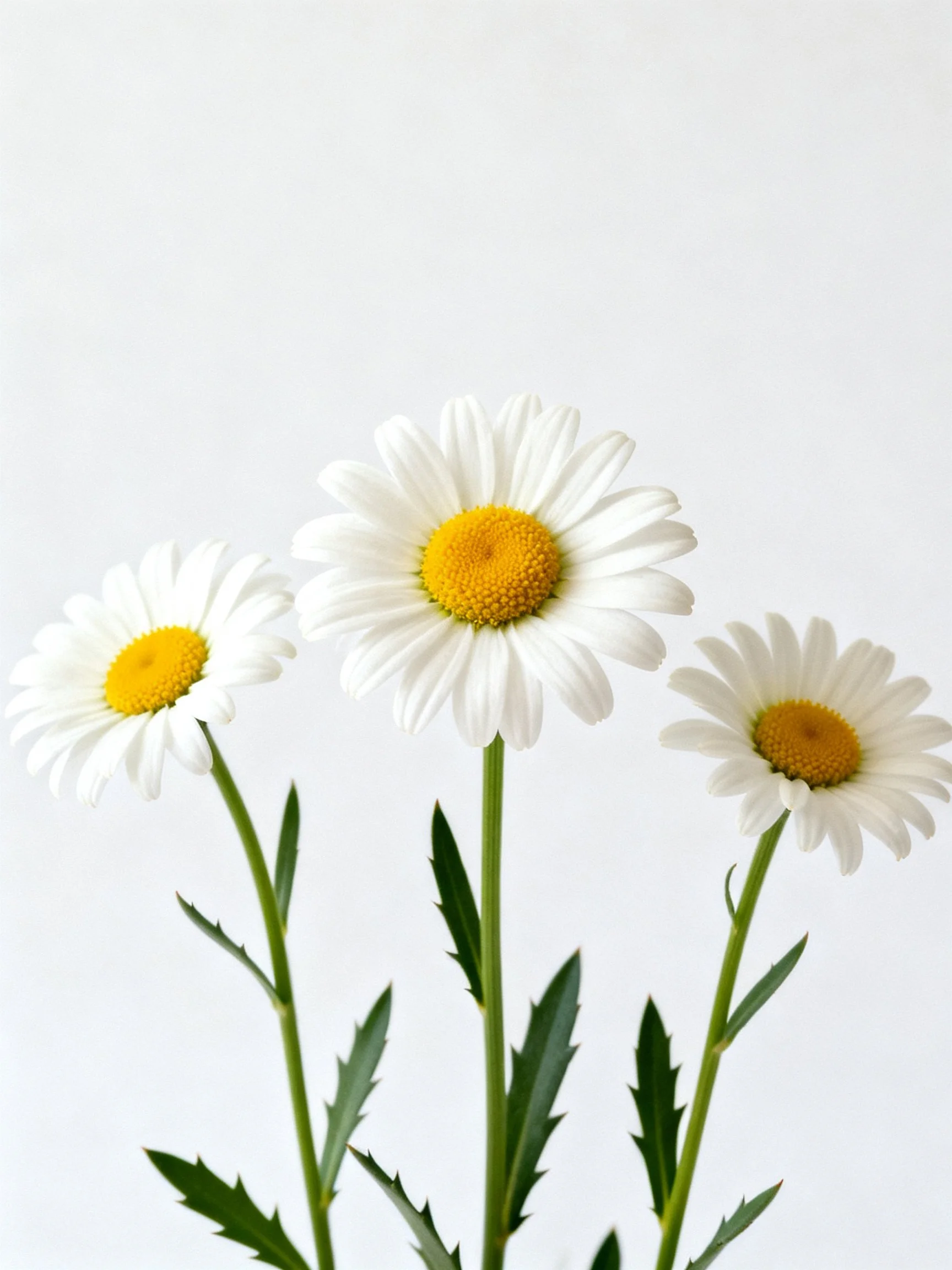 Three daisies with white petals and yellow centers