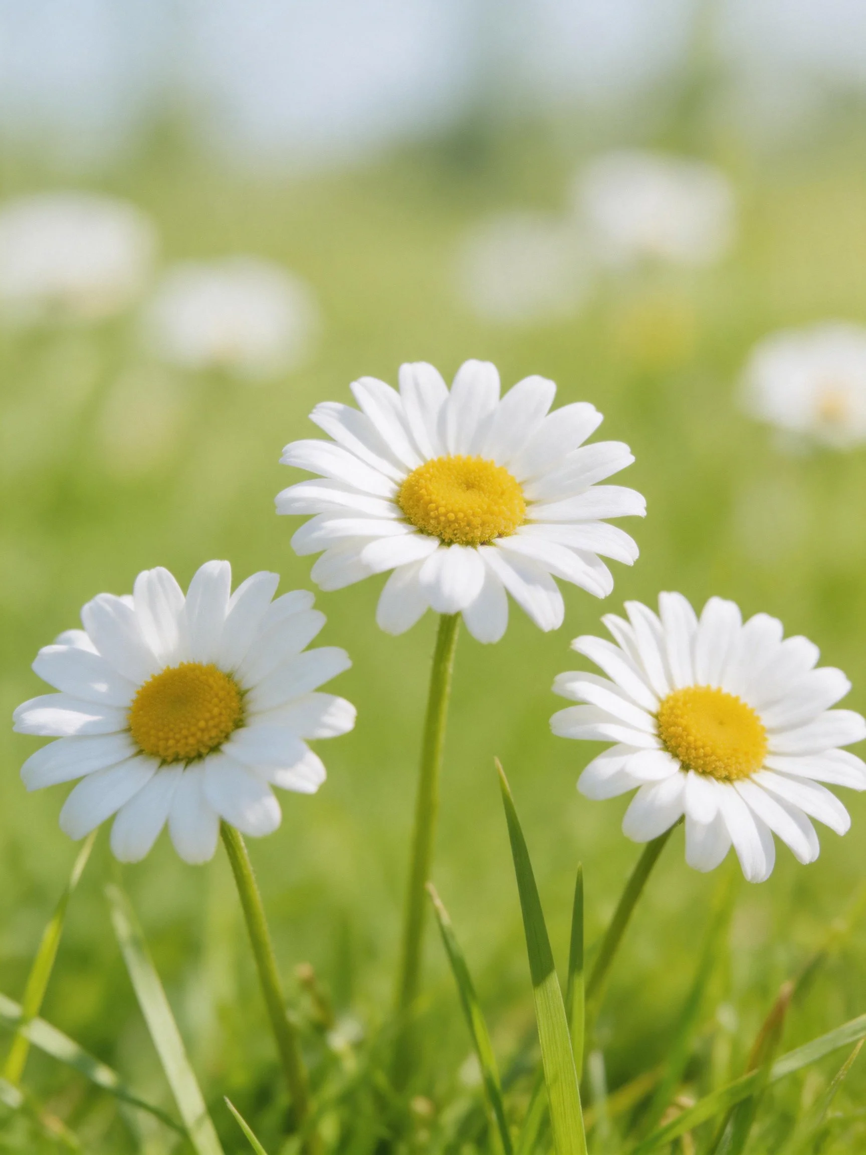 Three daisies with white petals, yellow centers, in a green meadow