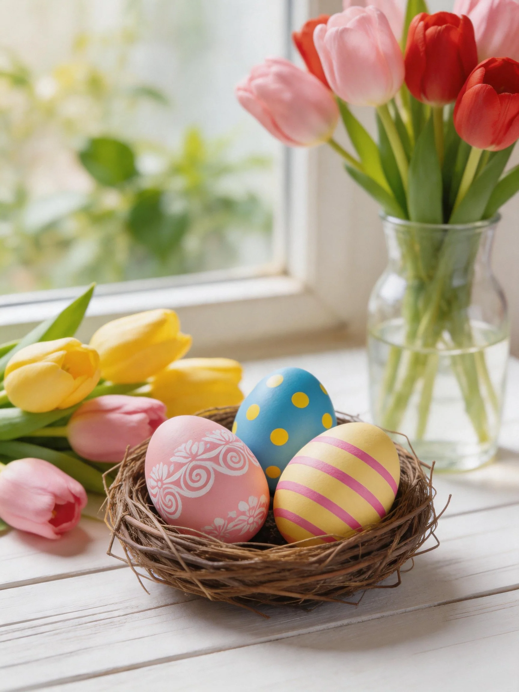 Three decorated Easter eggs in a nest beside colorful tulips by a window