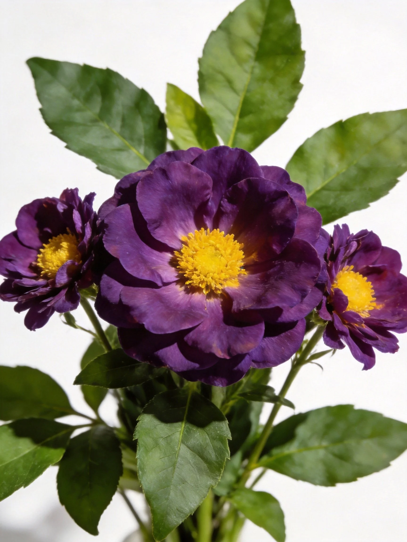 Three deep purple flowers with bright yellow centers and lush green leaves