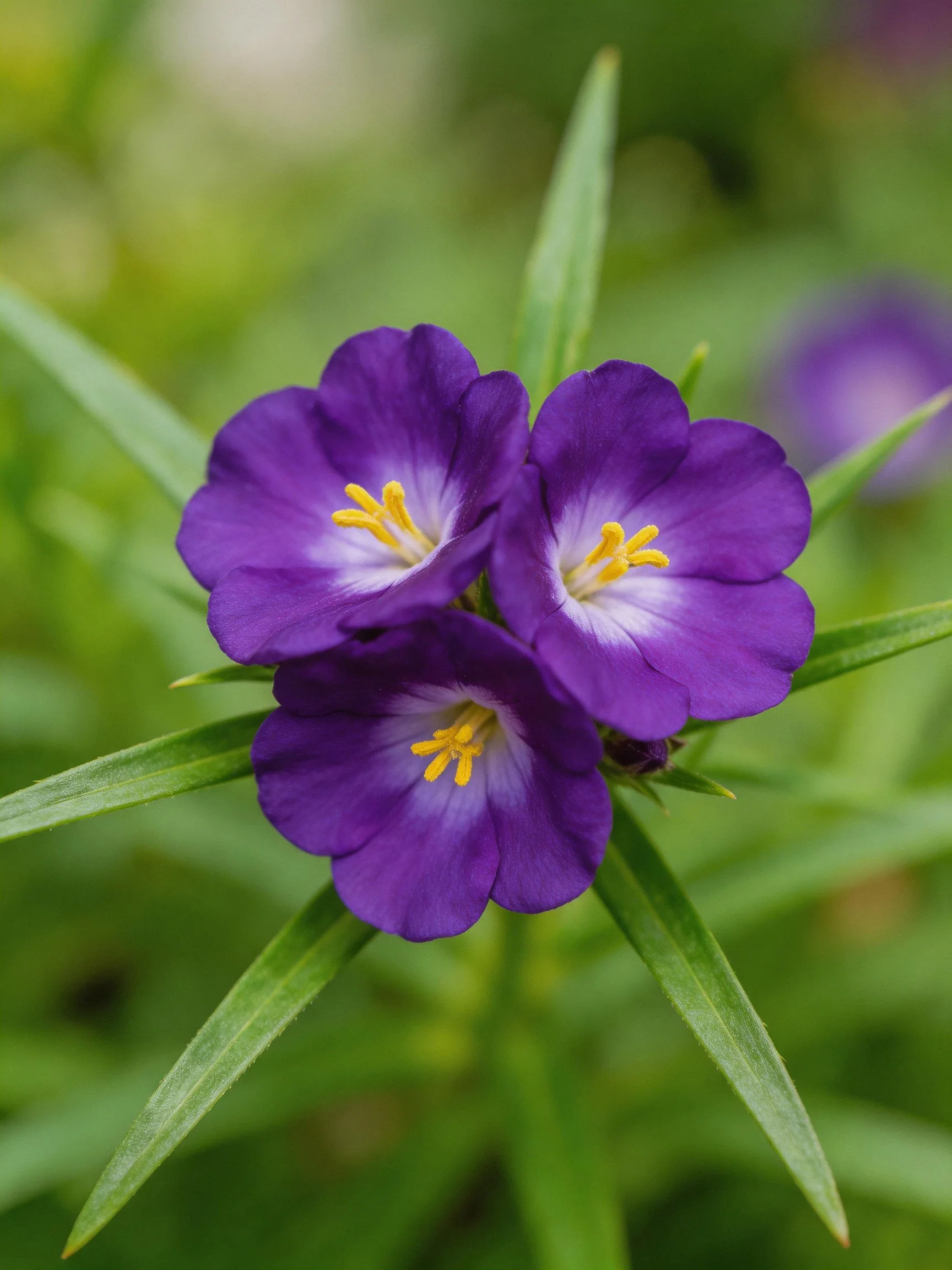 Three deep purple flowers with yellow stamens among green foliage
