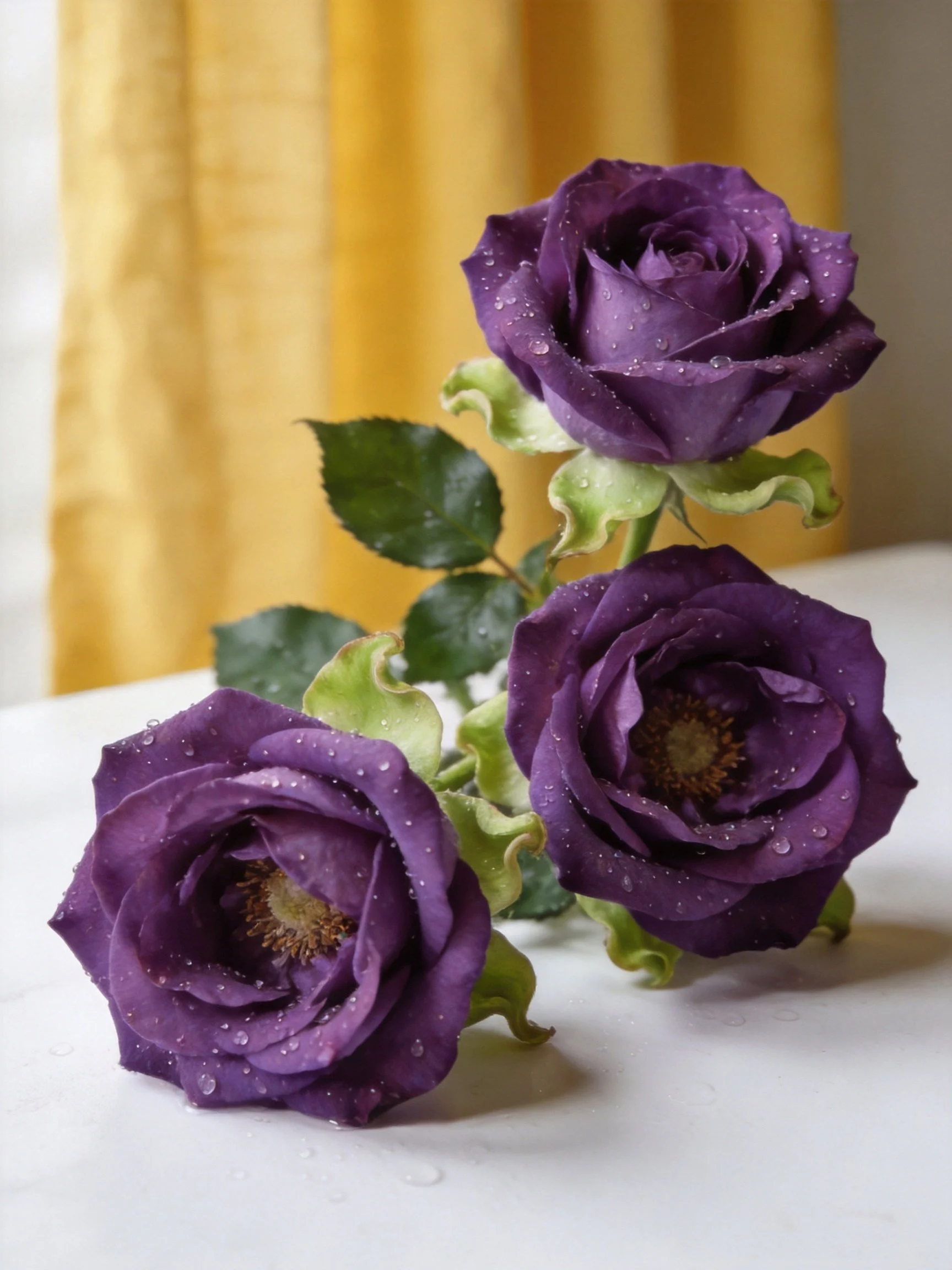Three deep purple roses with water droplets on green stems