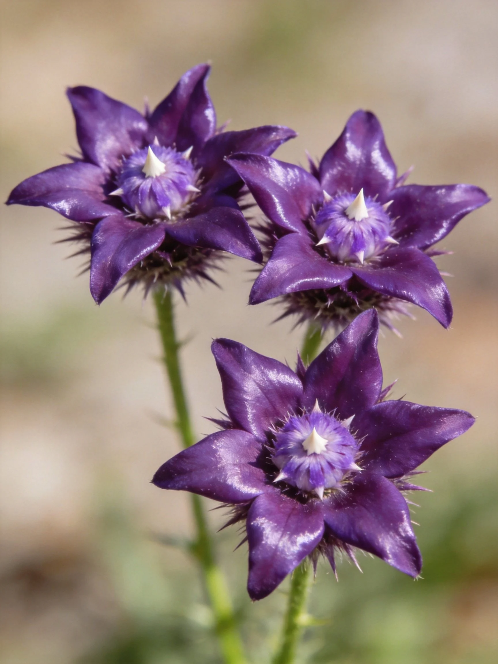 Three deep purple star-shaped flowers with spiky centers