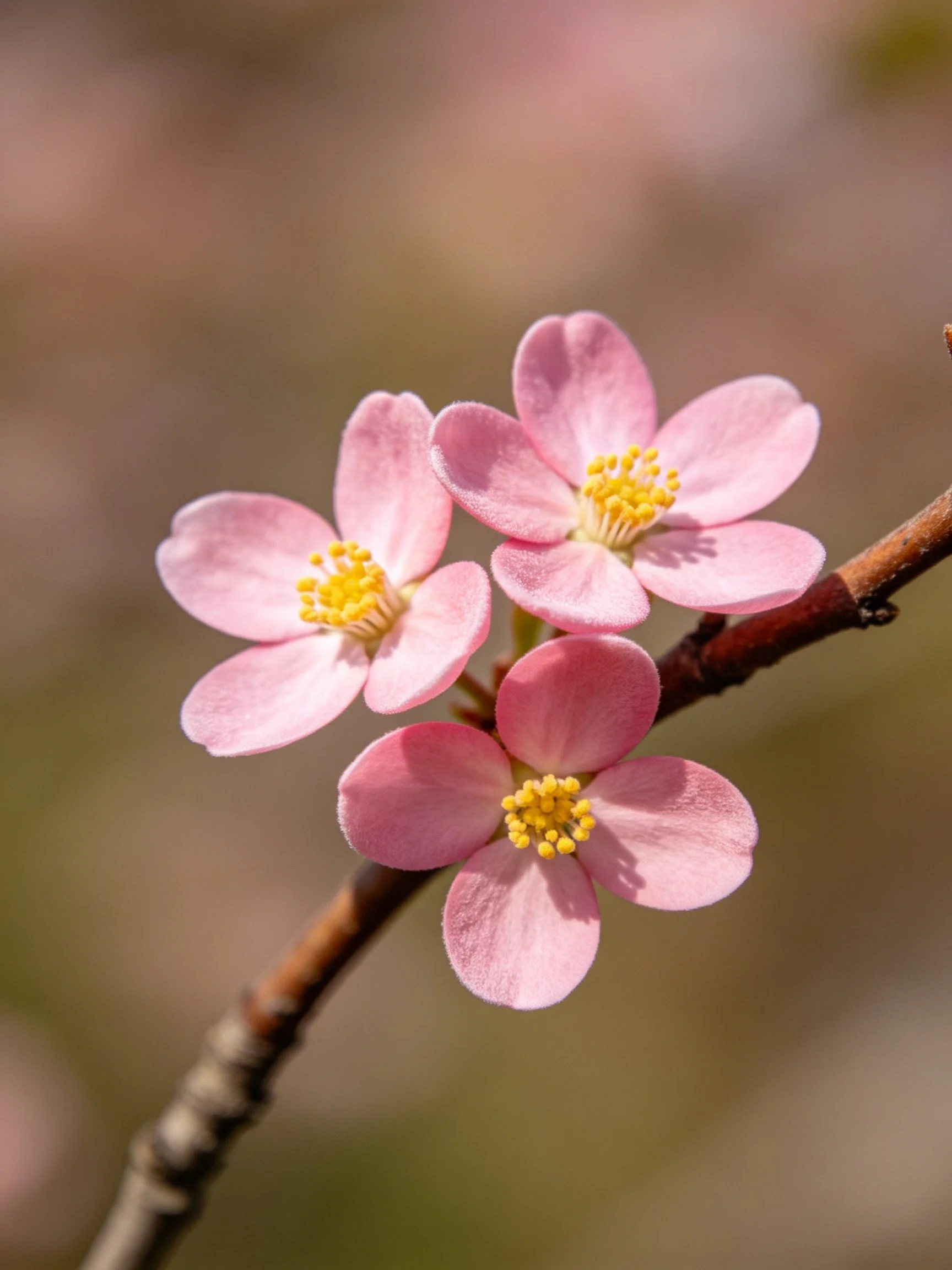 Three delicate pink blossoms with golden centers on a slender branch
