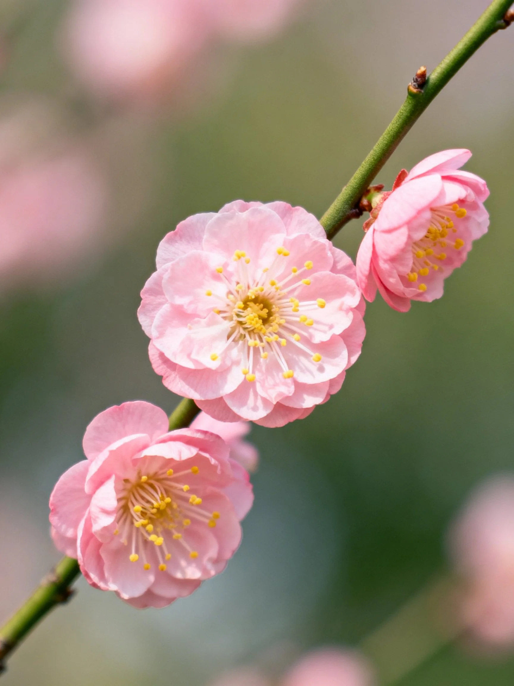 Three delicate pink plum blossoms on a slender green branch