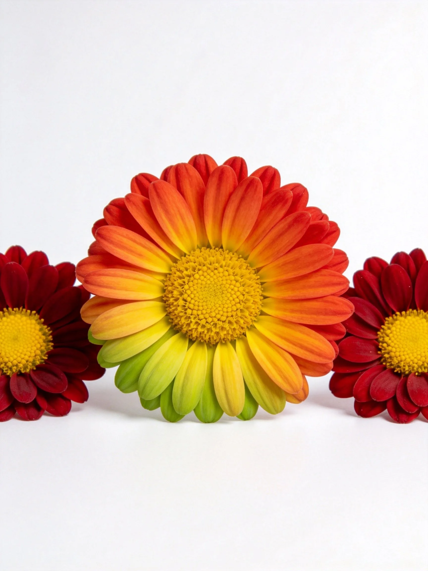 Three flowers arranged horizontally, central flower with gradient petals of green, yellow, orange, re