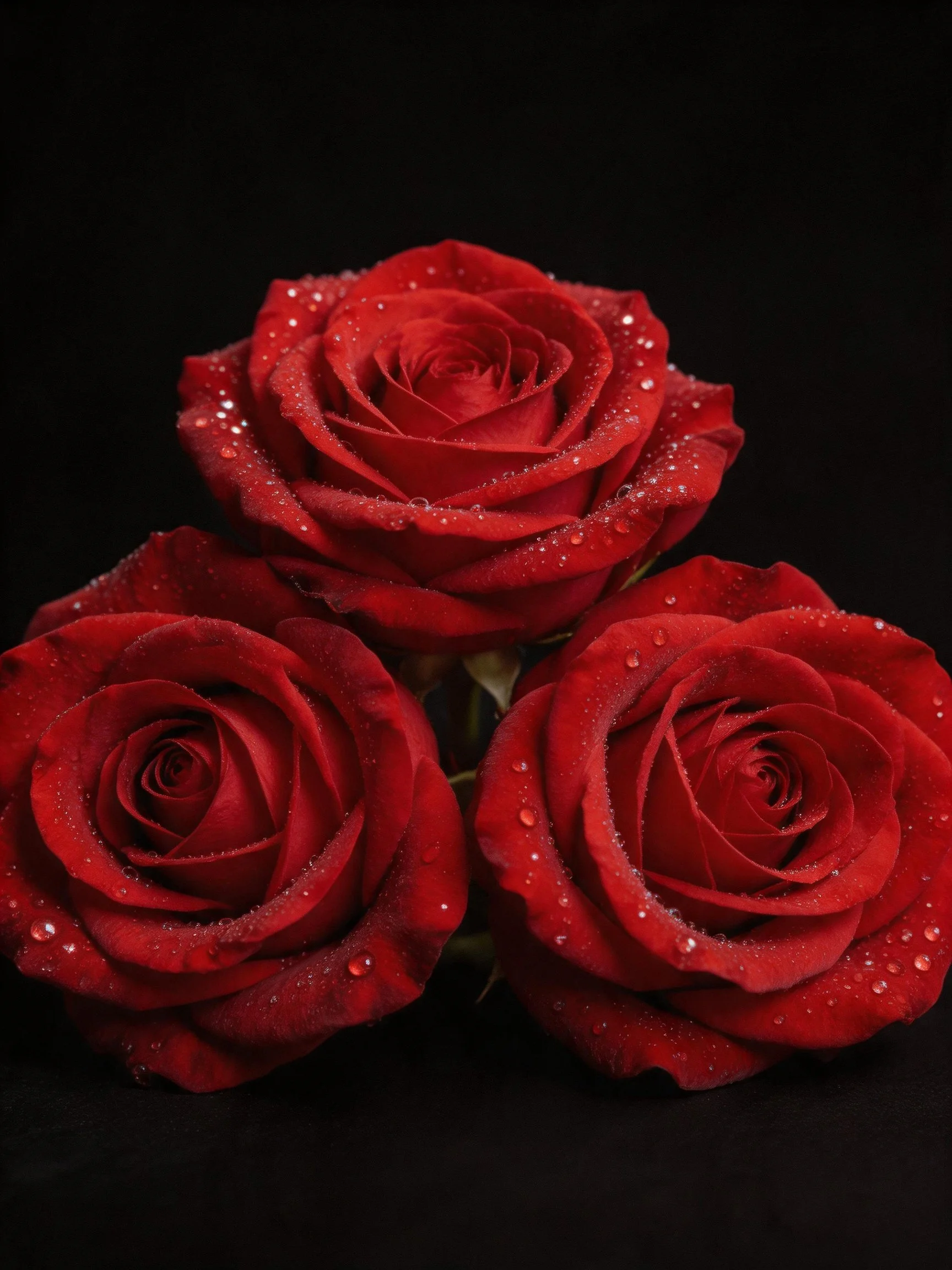 Three glossy red roses with water droplets on a black background