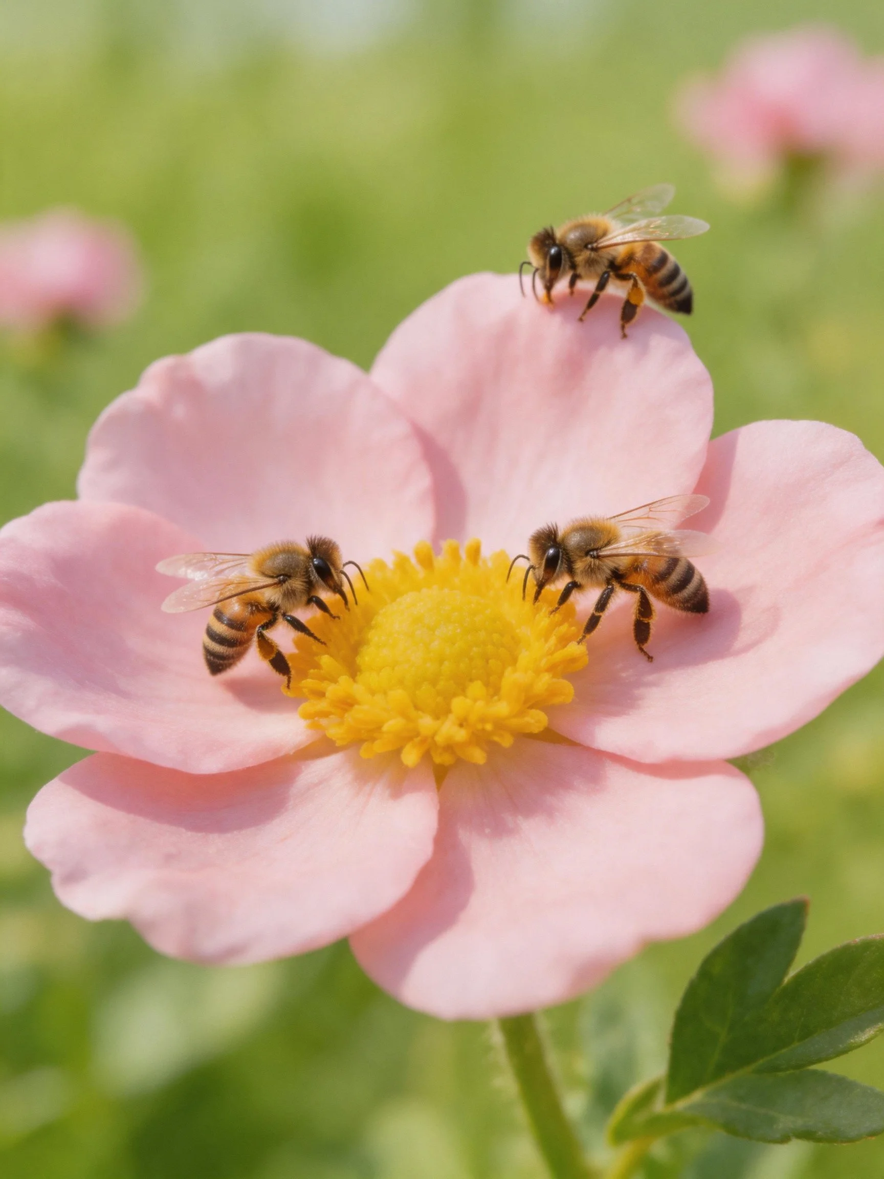 Three honeybees gathering nectar from a pink flower