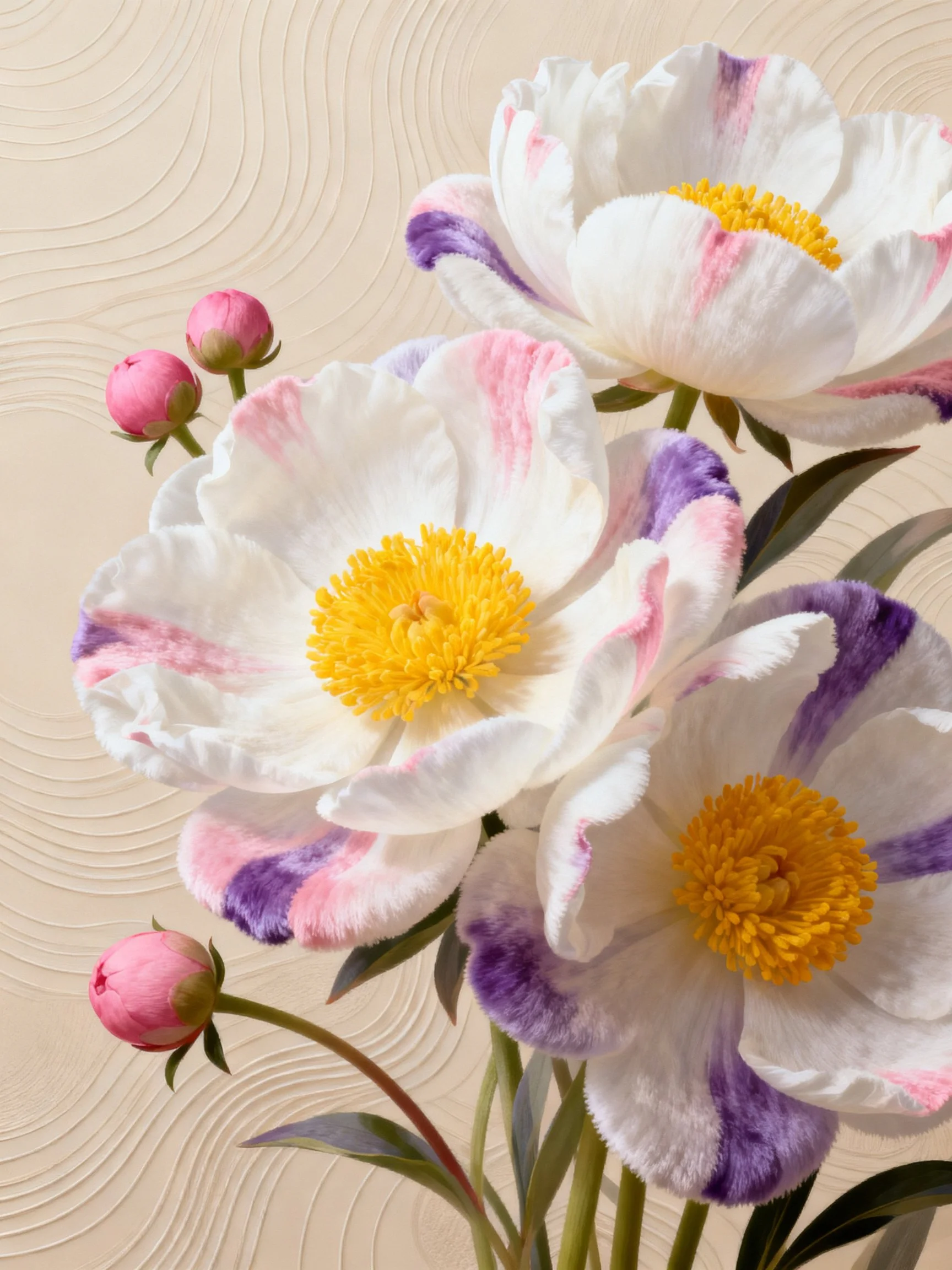 Three large flowers with pastel pink-purple petals and yellow centers