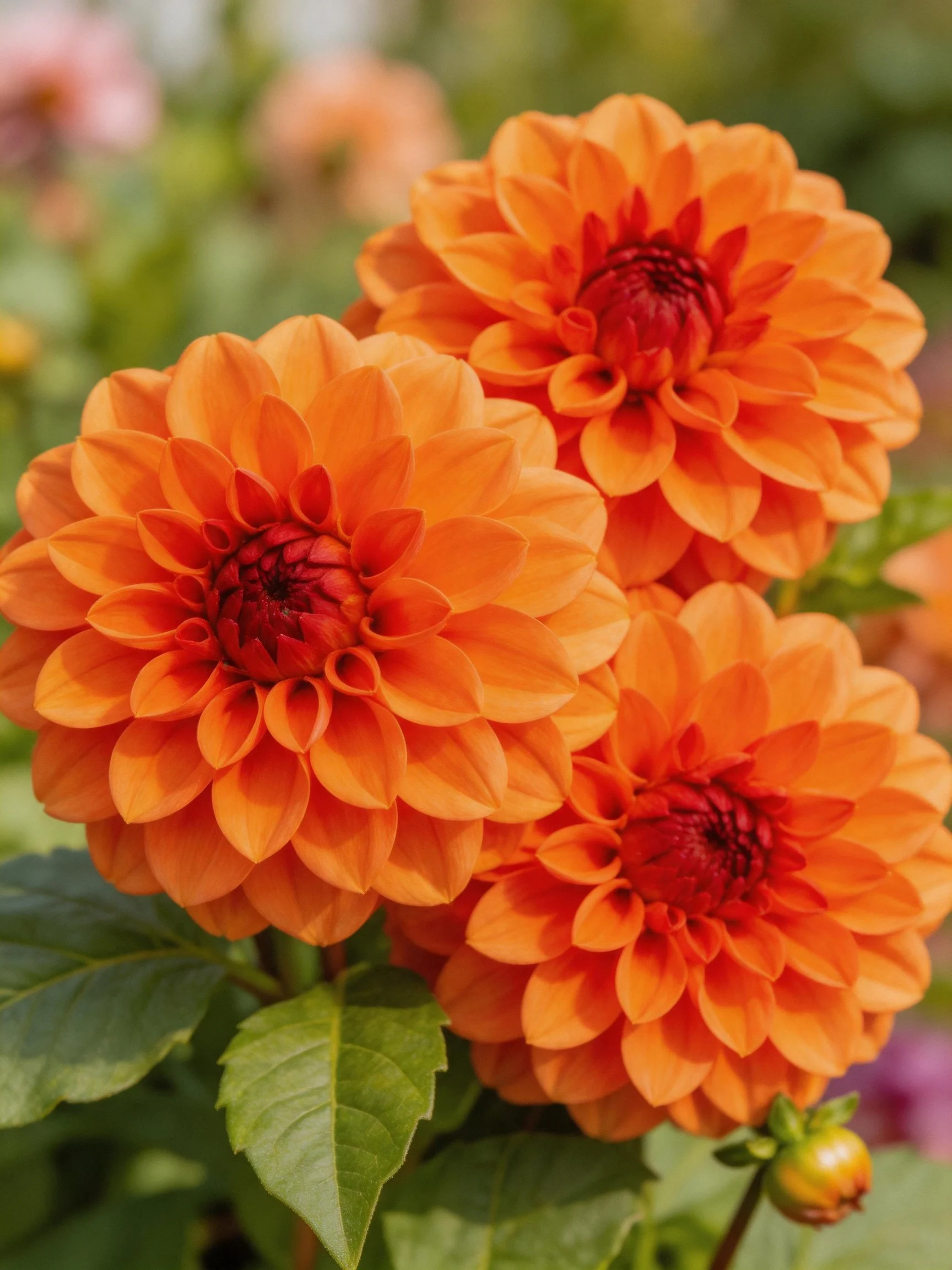 Three large orange dahlia blooms with dark centers
