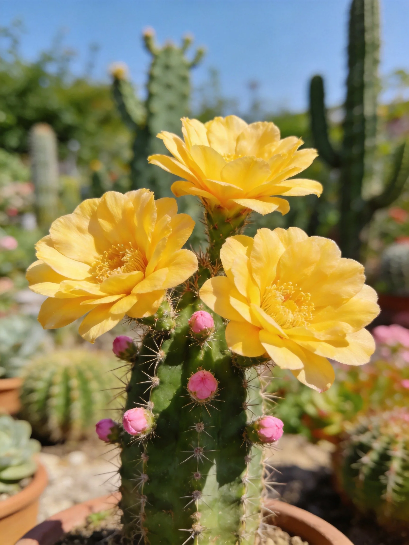 Three large yellow cactus flowers with pink buds, surrounded by green succulents