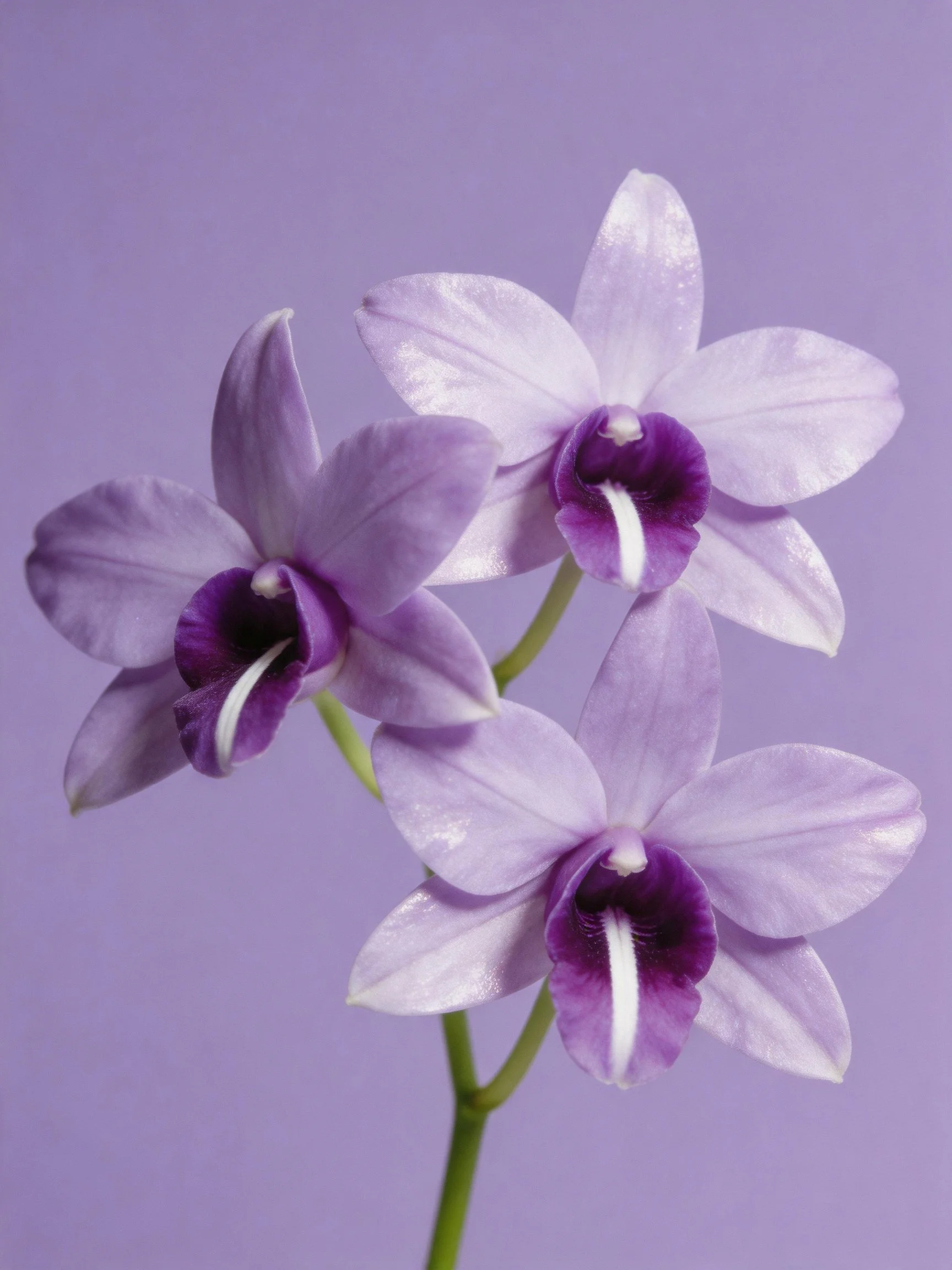 Three light purple orchids with dark centers