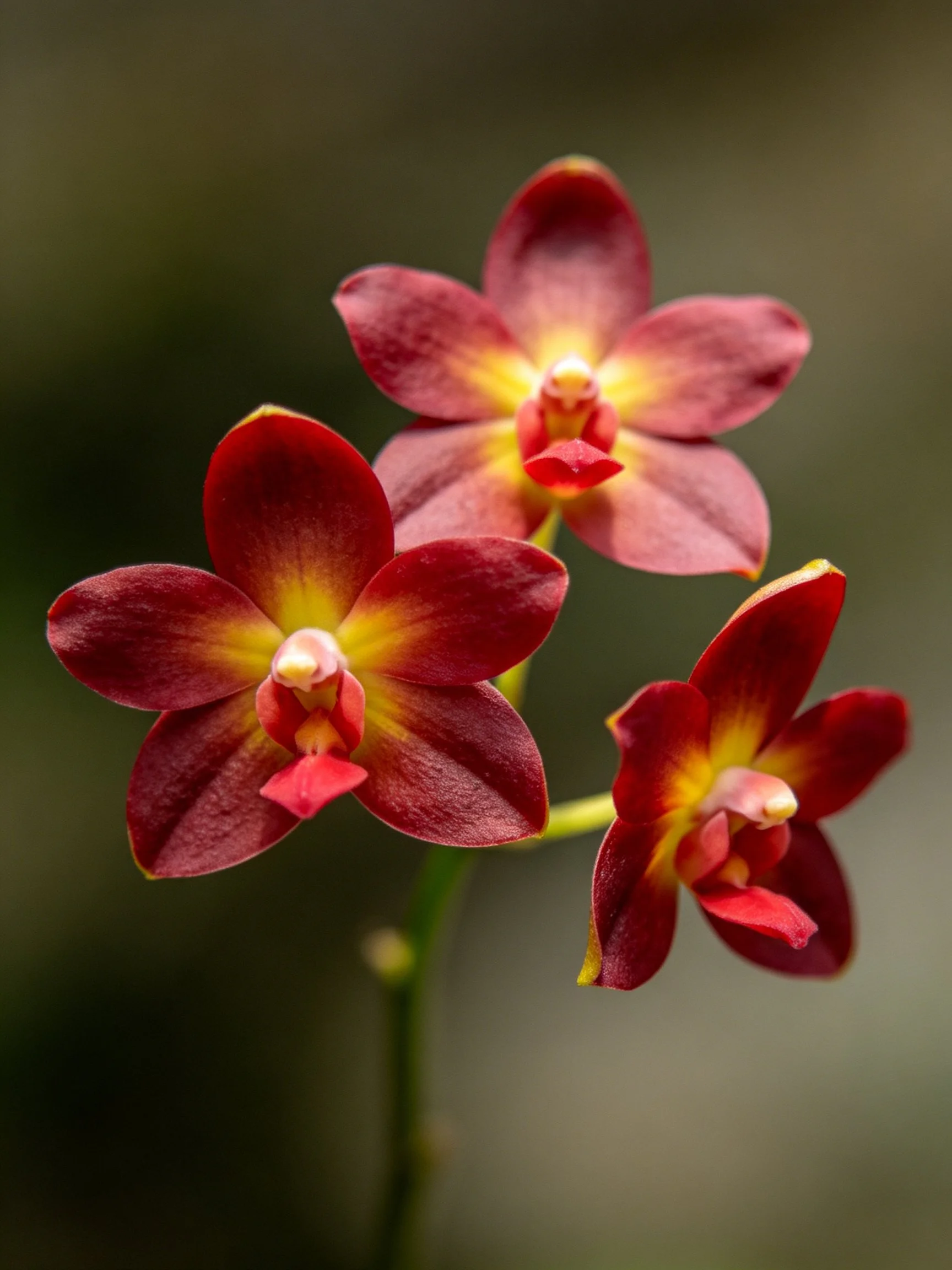 Three maroon and golden orchid blossoms in close-up