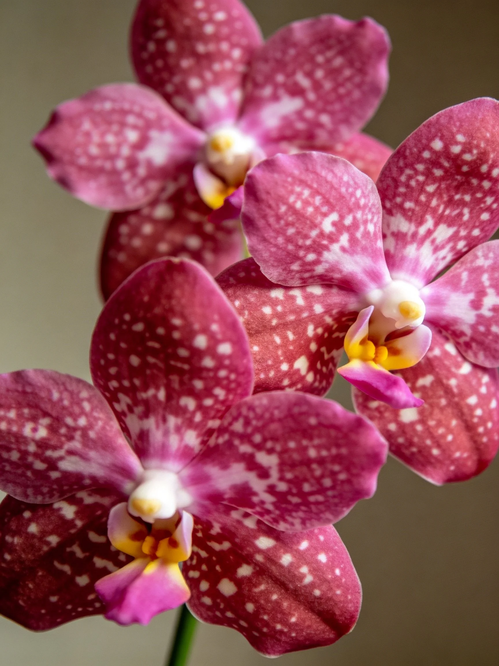 Three maroon-spotted orchid blooms with yellow centers