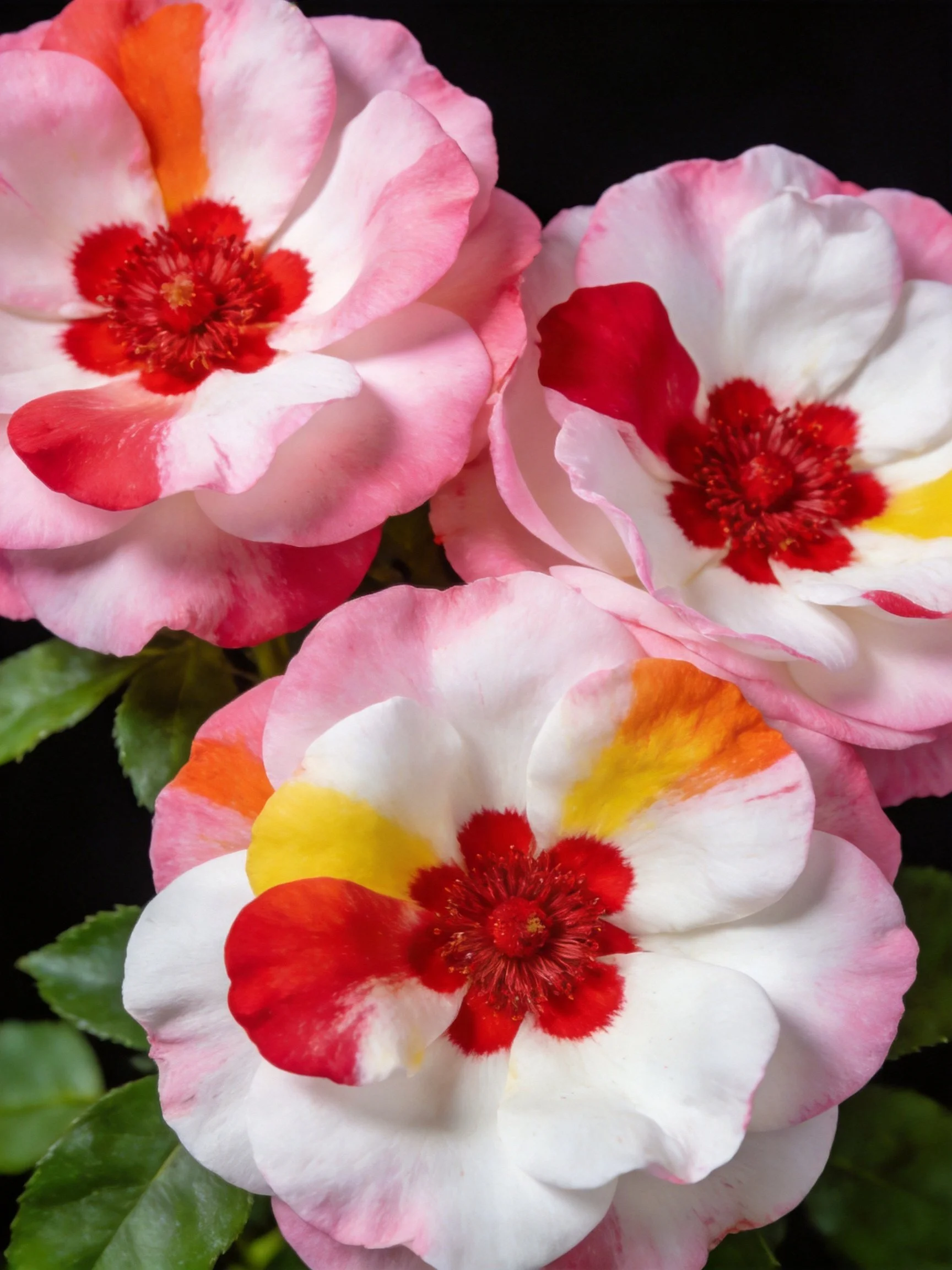 Three multicolored roses with pink, white, red, and yellow petals