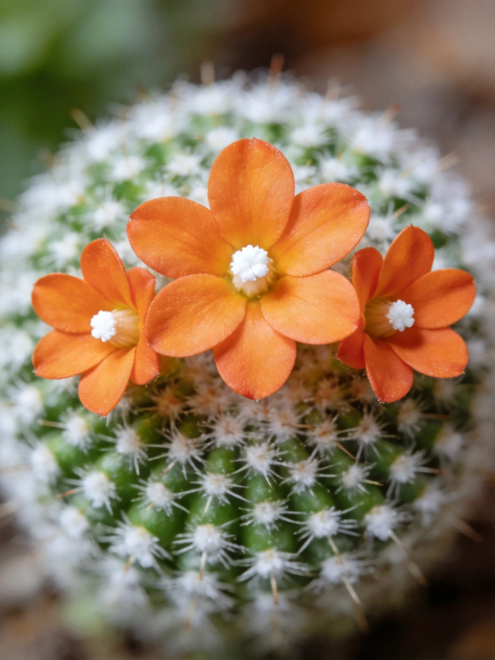 Three orange flowers blooming on a spiny green cactus