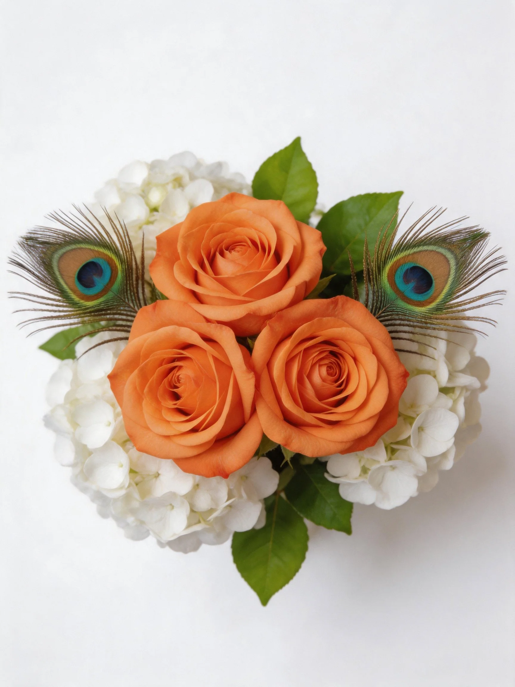 Three orange roses, white hydrangeas, and peacock feathers in a floral arrangement