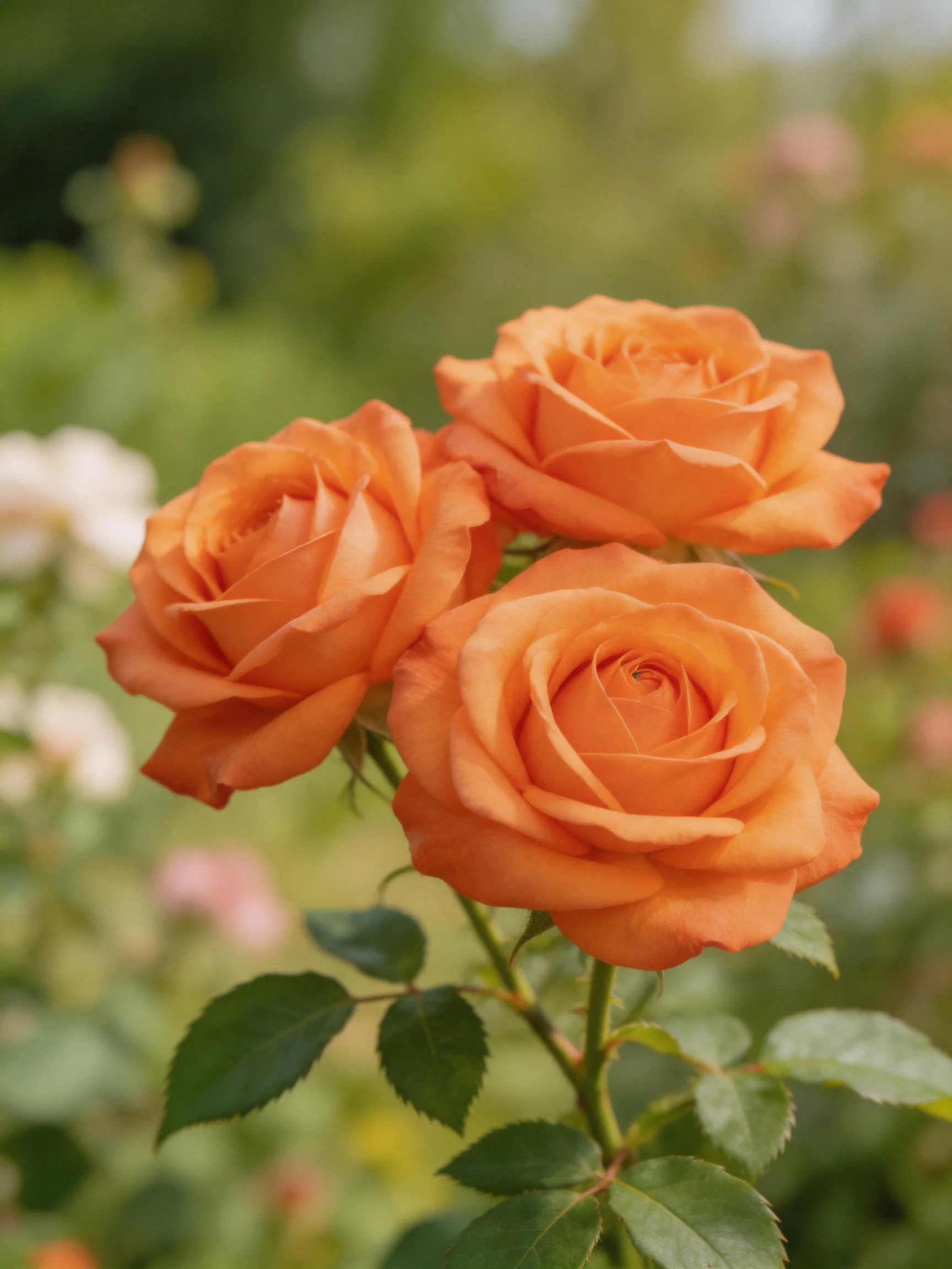 Three orange roses with green foliage in a garden