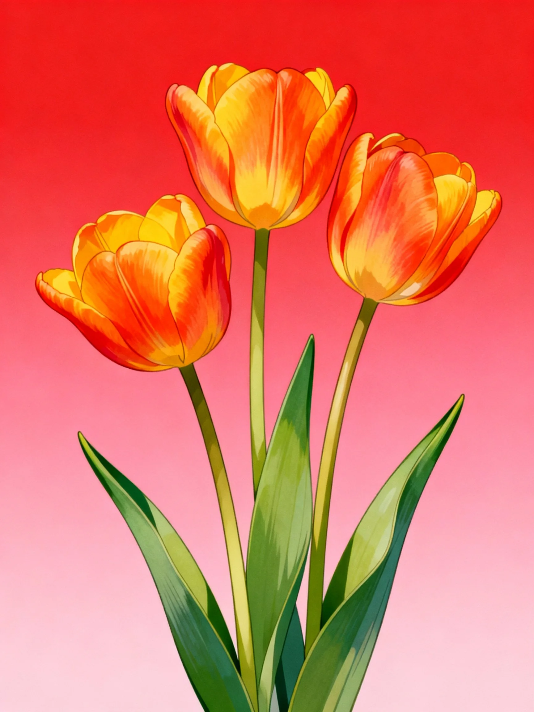 Three orange-yellow tulips with green stems and leaves on a red-to-pink gradient background