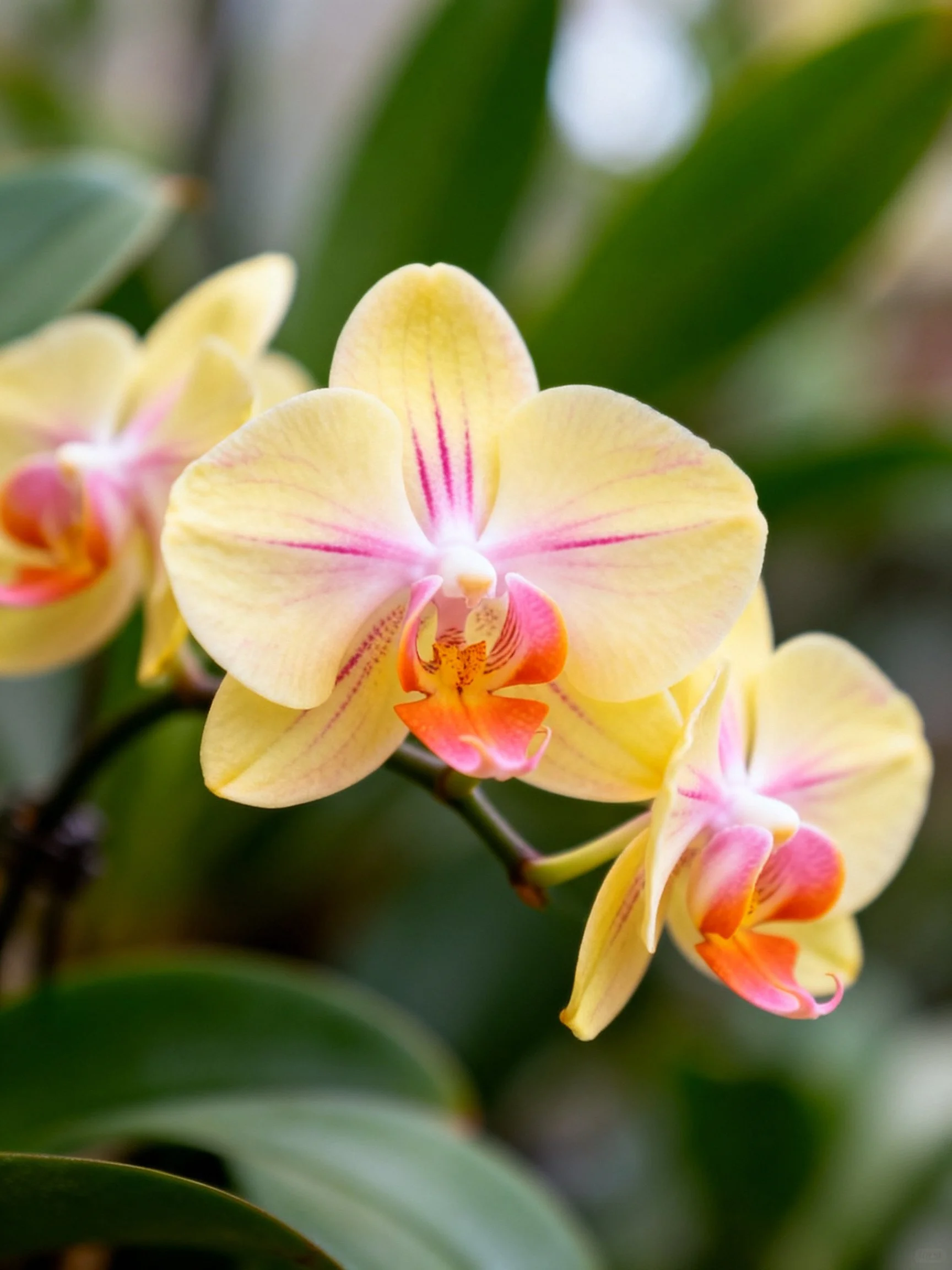 Three pale yellow orchids with pink accents bloom among green foliage