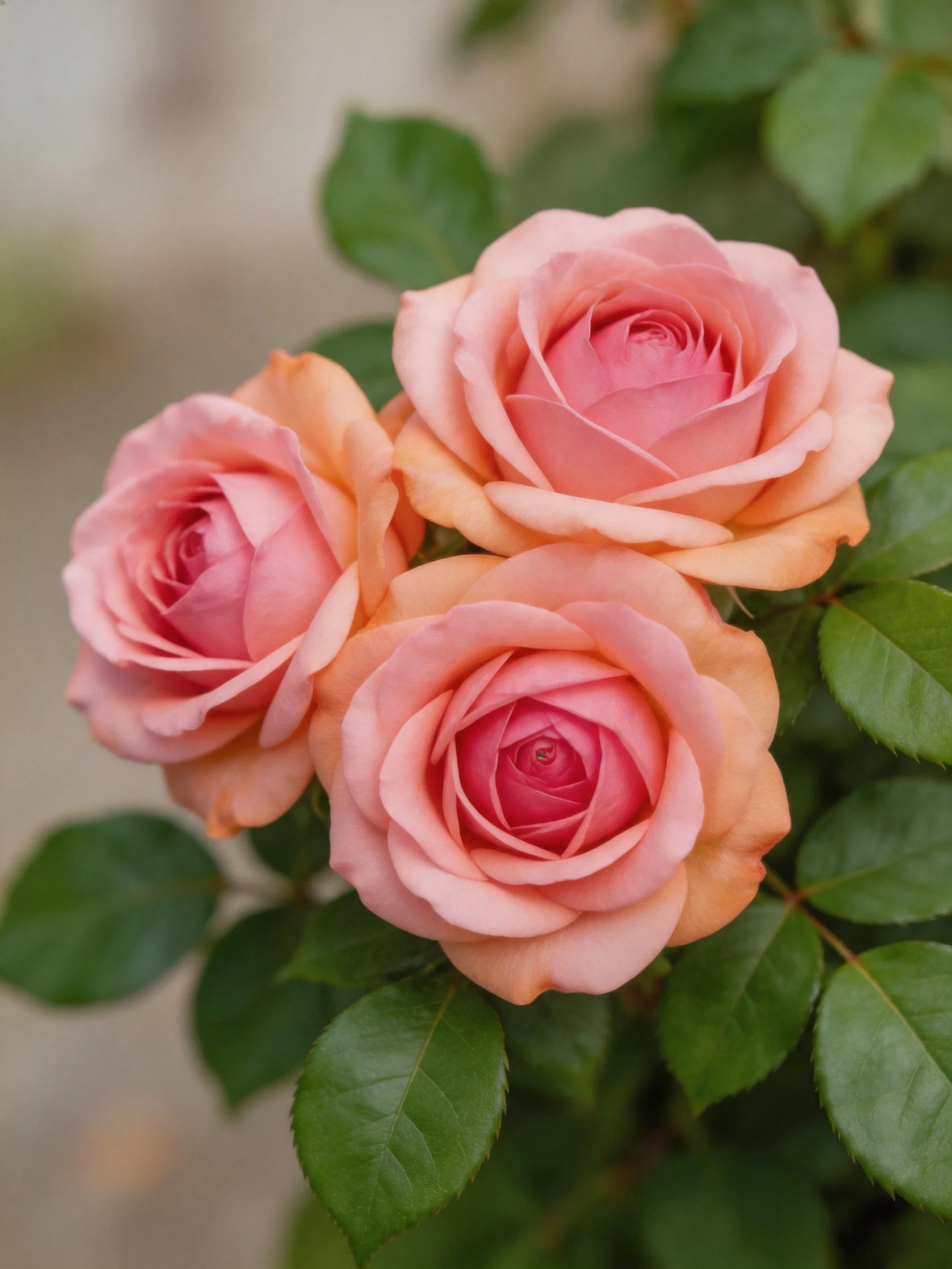 Three pastel pink roses with green leaves in focus