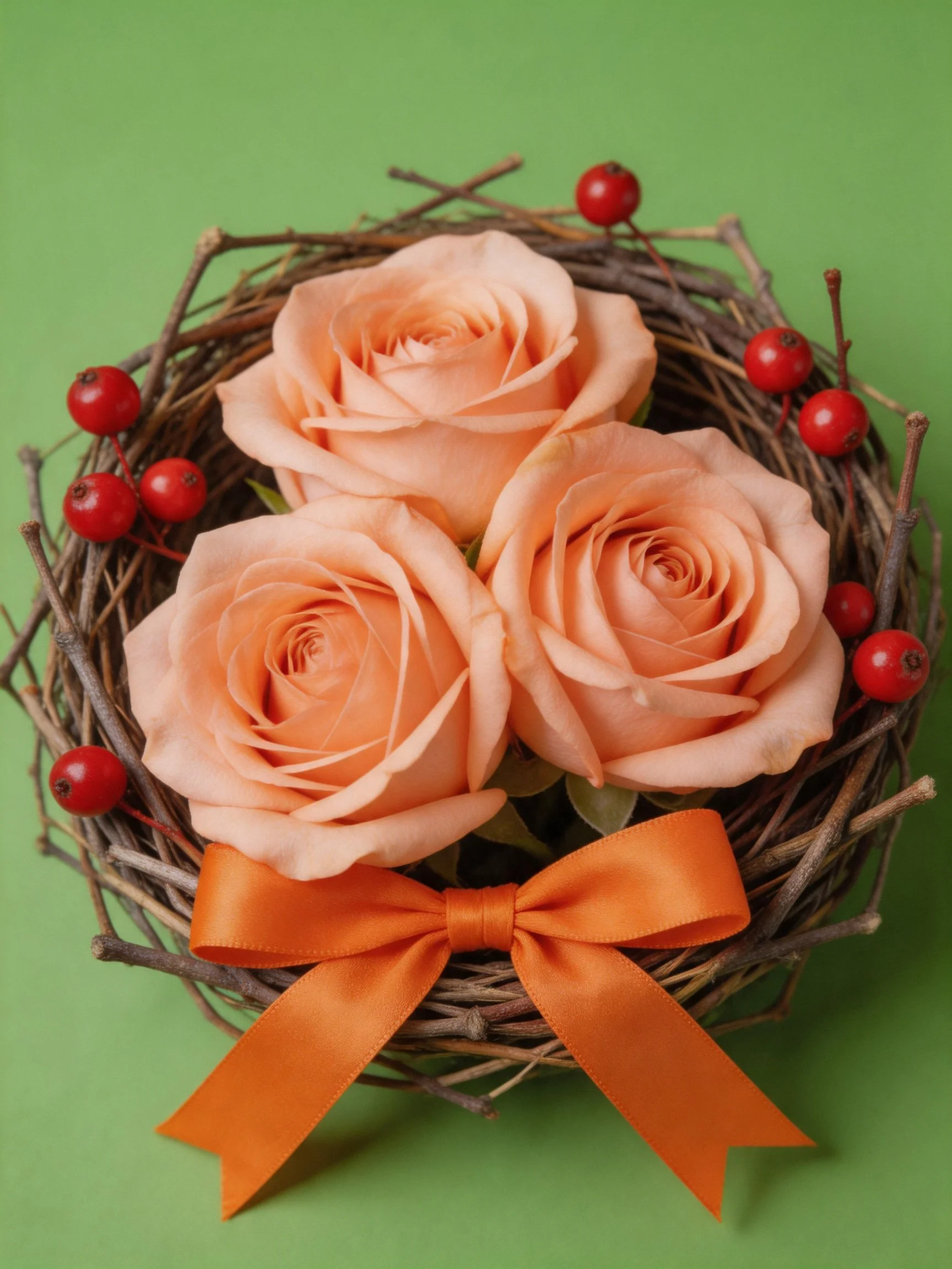 Three peach roses arranged in a twig nest with red berries and orange ribbon