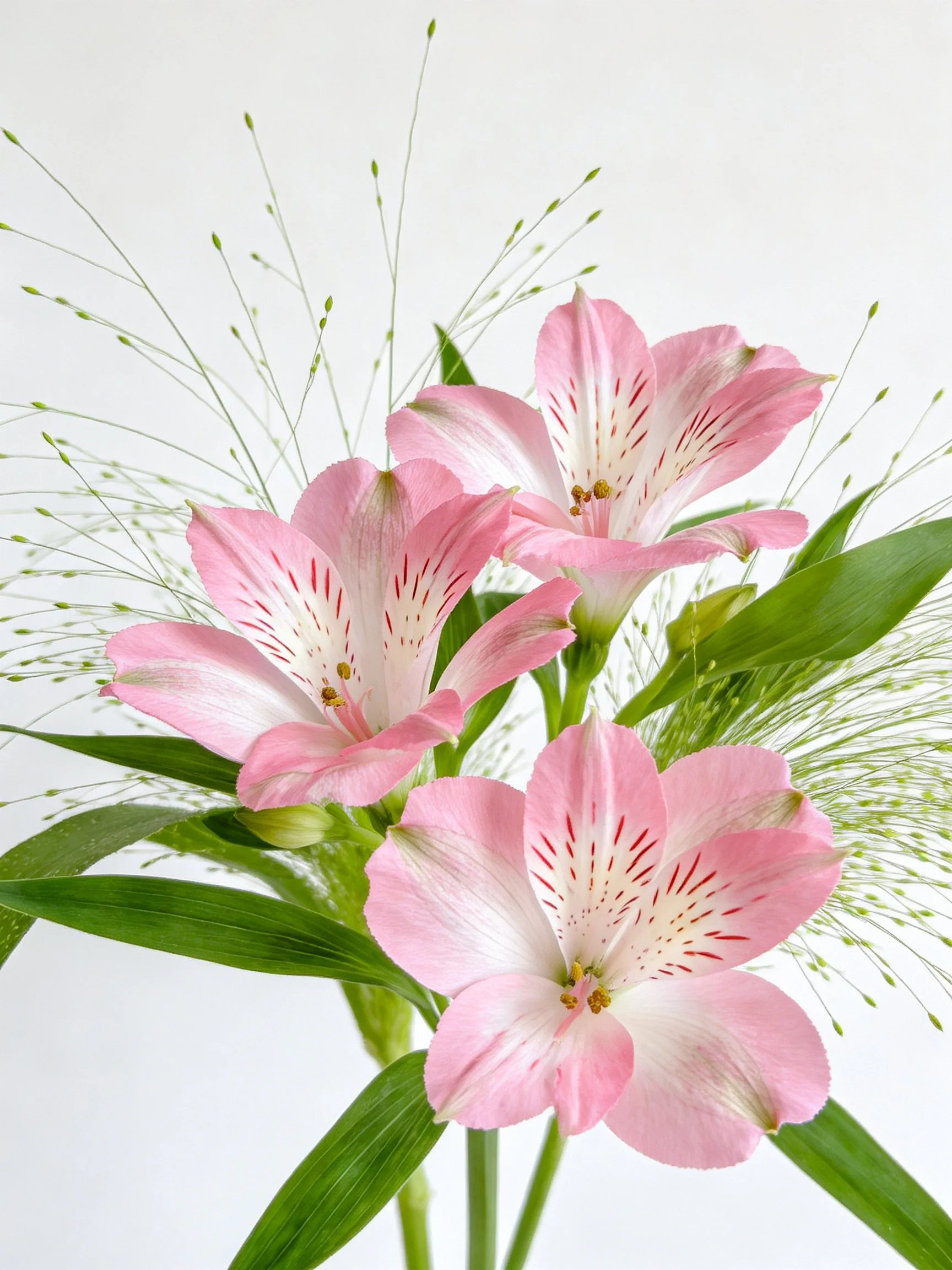 Three pink alstroemeria flowers with green leaves and delicate stems are displayed
