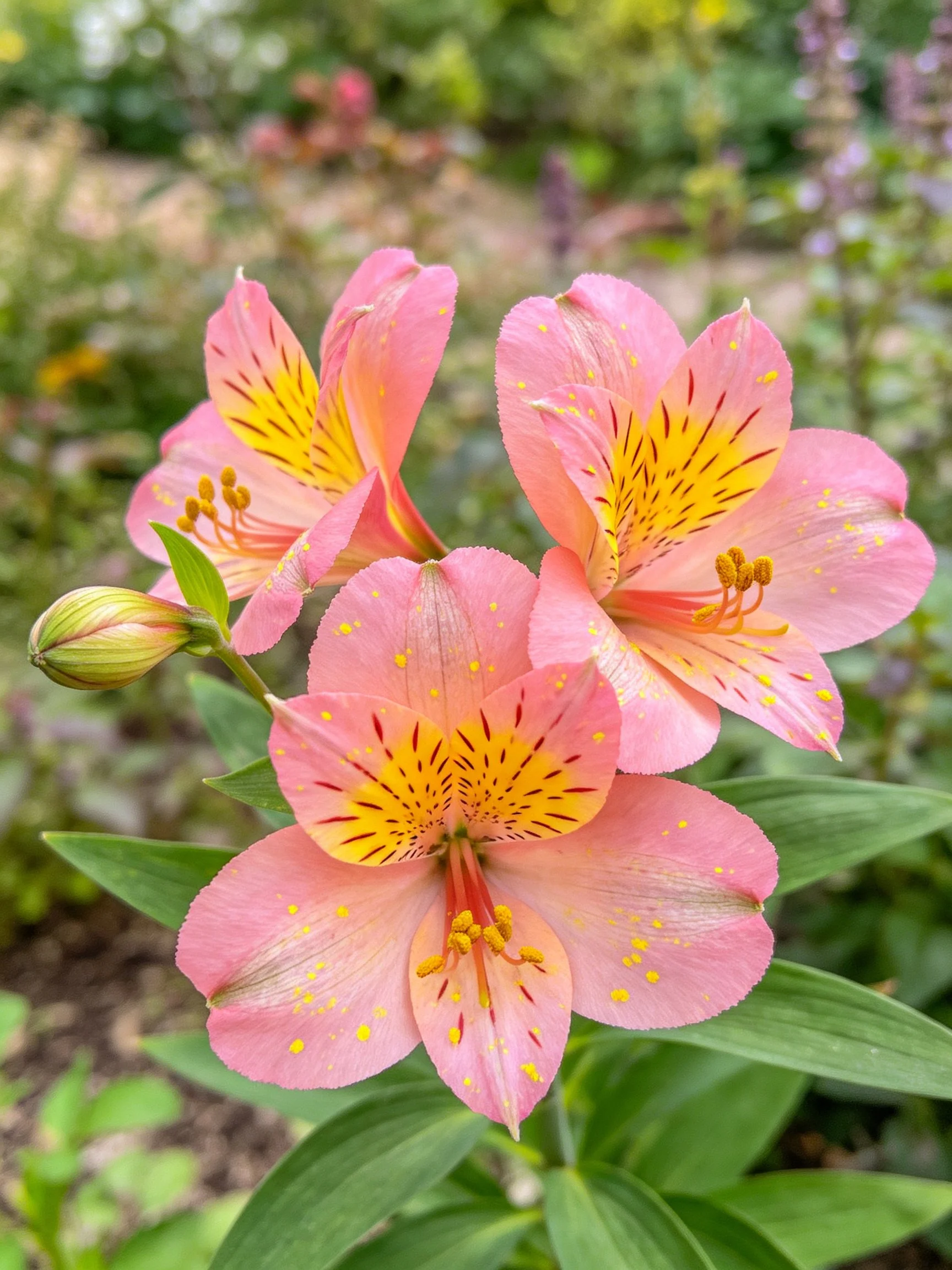 Three pink alstroemeria flowers with yellow centers and green foliage