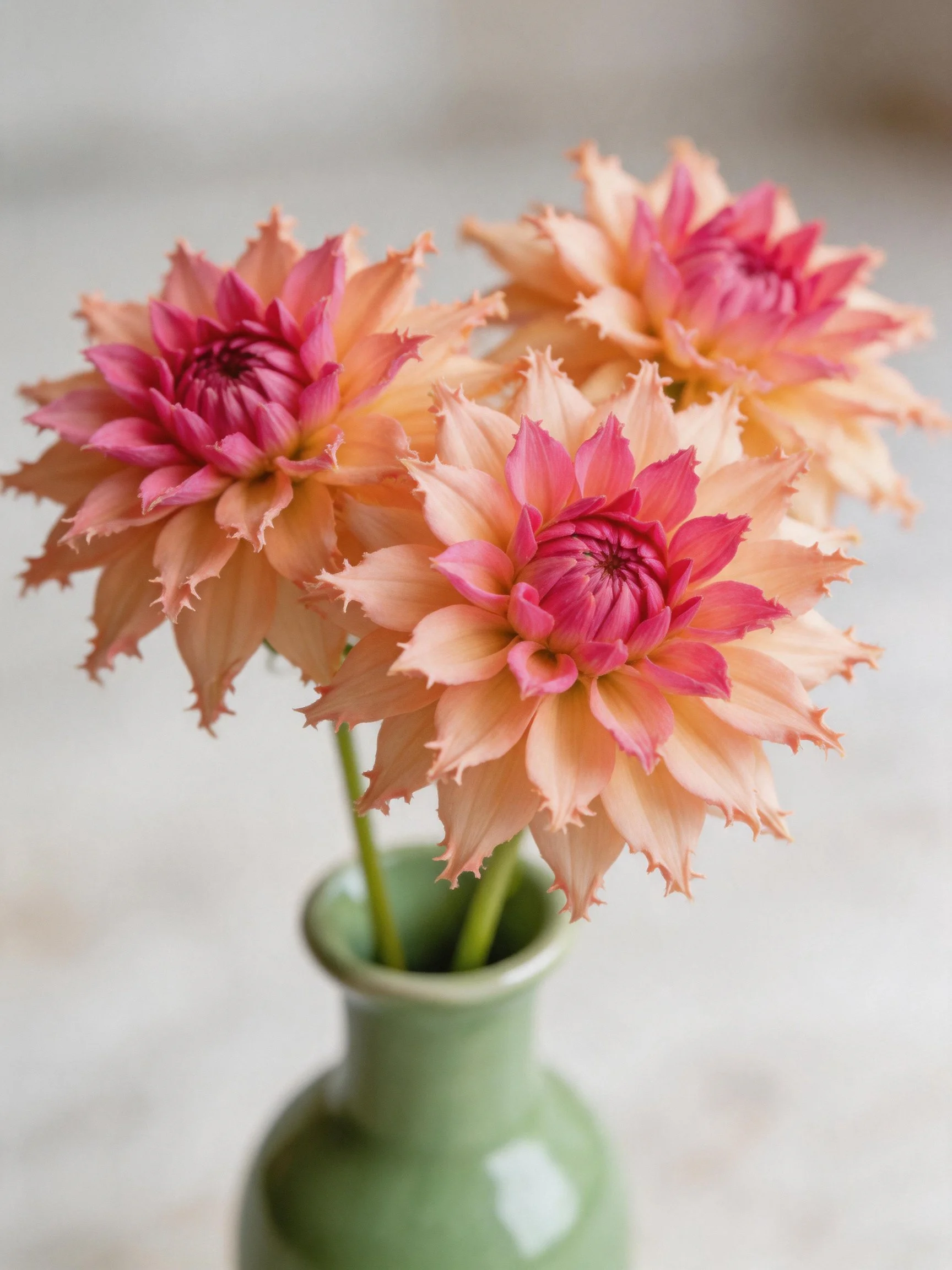 Three pink and peach dahlia blooms in a green vase