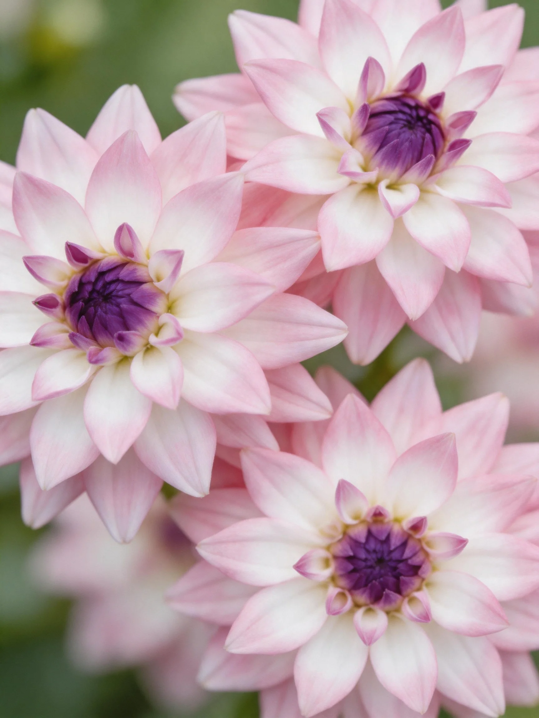 Three pink and purple dahlia flowers with layered petals