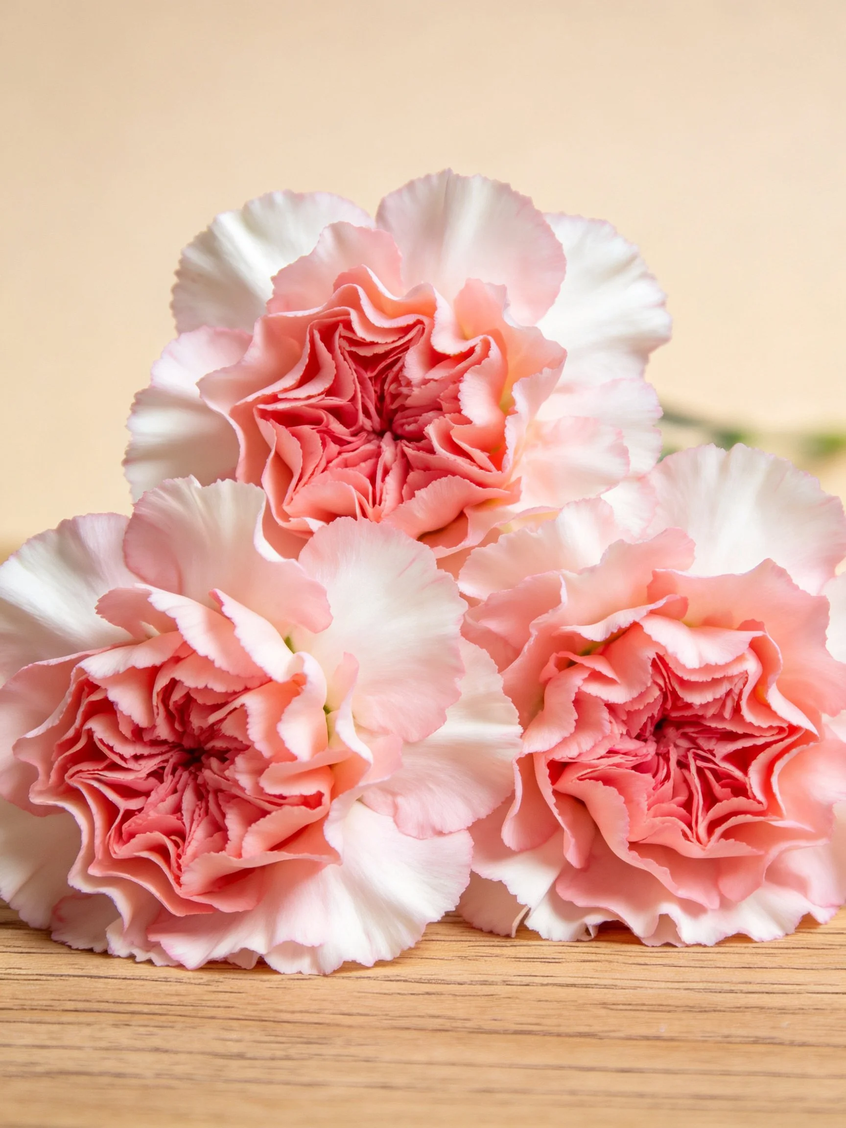 Three pink and white carnations on a wooden surface