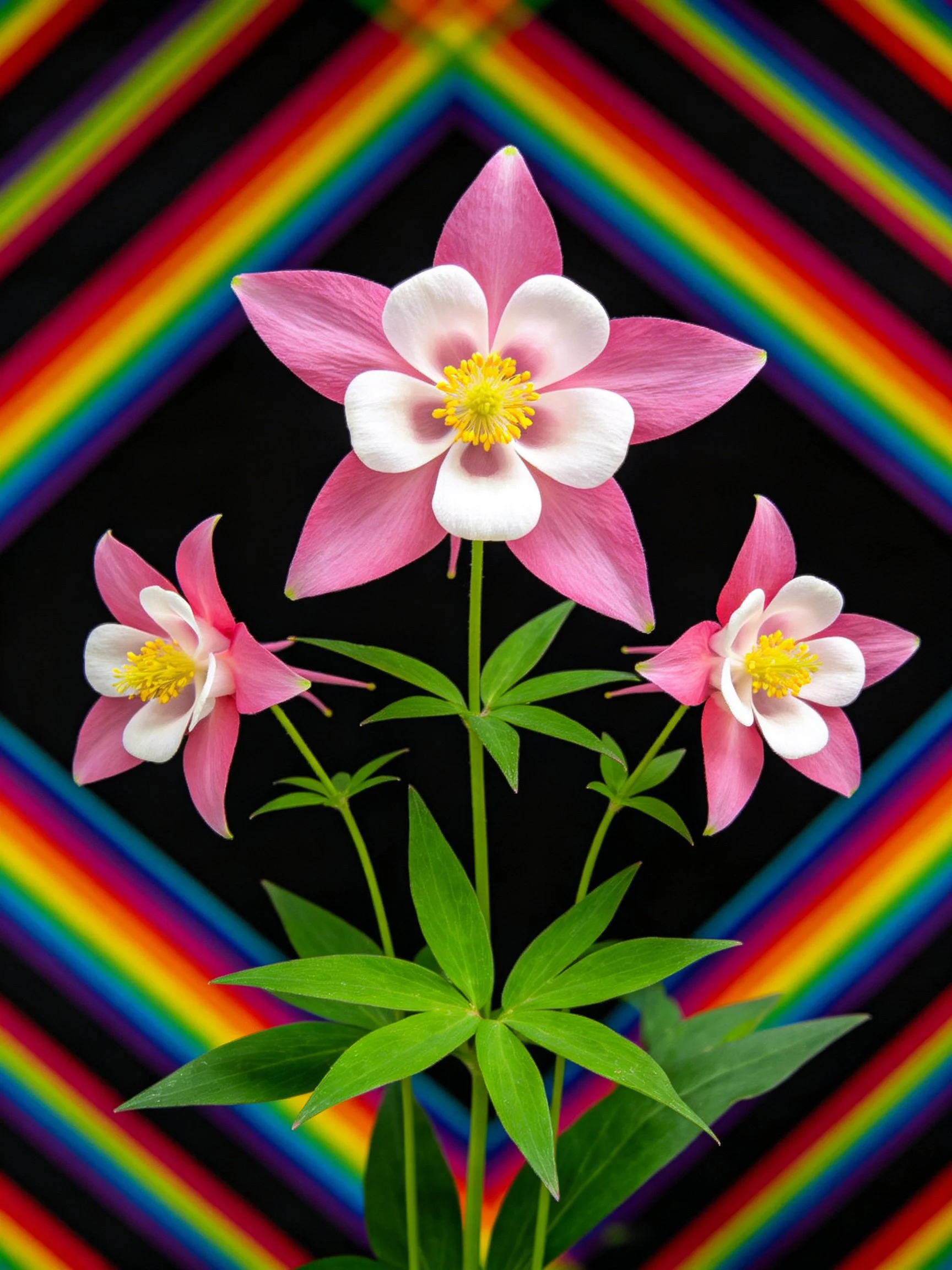 Three pink-and-white columbine flowers with green foliage on rainbow-patterned black background