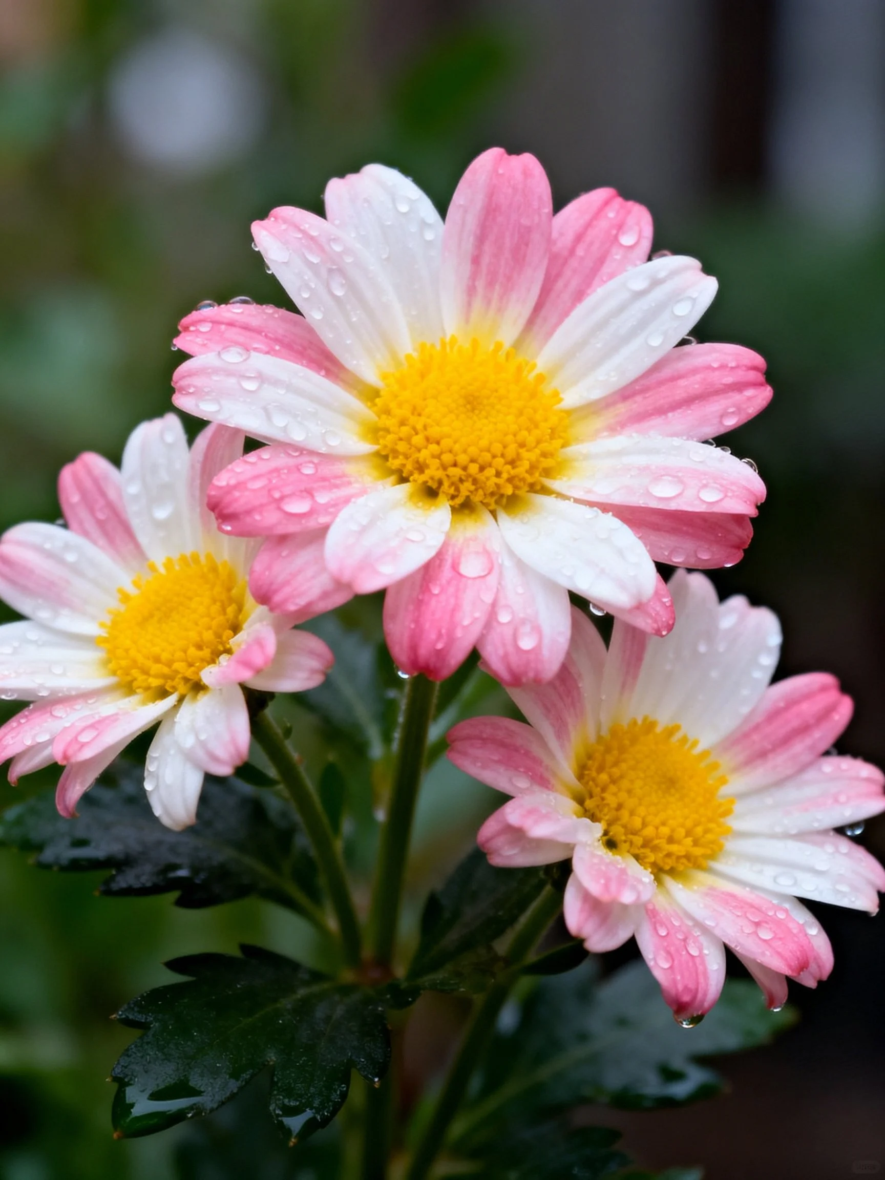 Three pink and white daisy blooms with water droplets