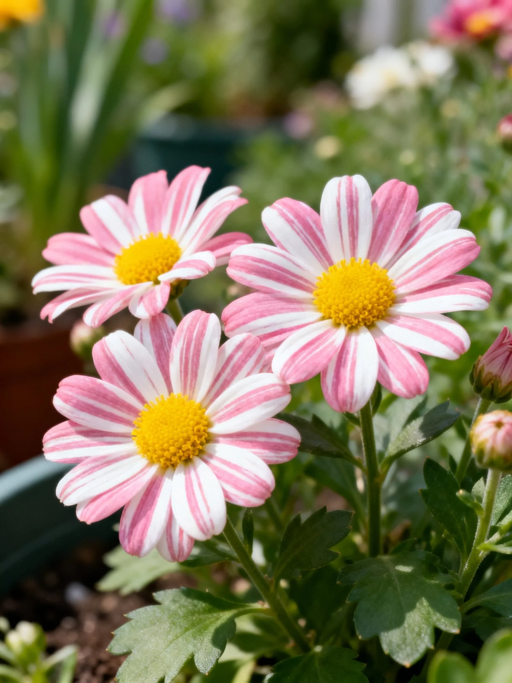 Three pink and white striped daisies with yellow centers in a garden