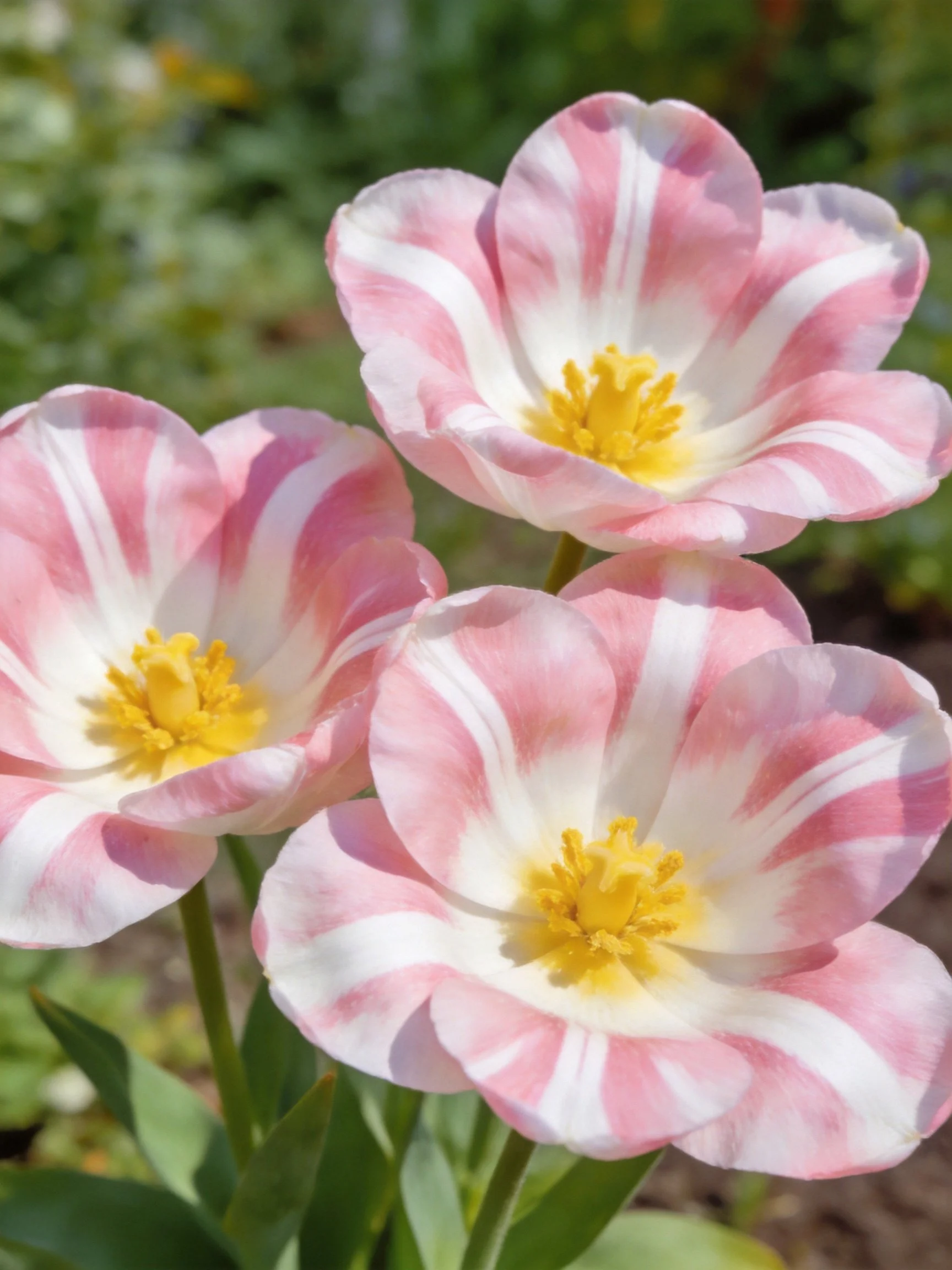 Three pink-and-white striped tulips with yellow centers