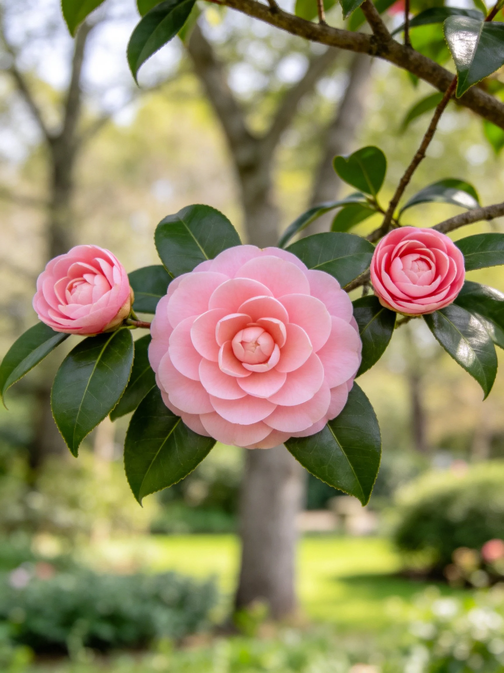 Three pink camellias bloom among dark green leaves in a sunlit garden.