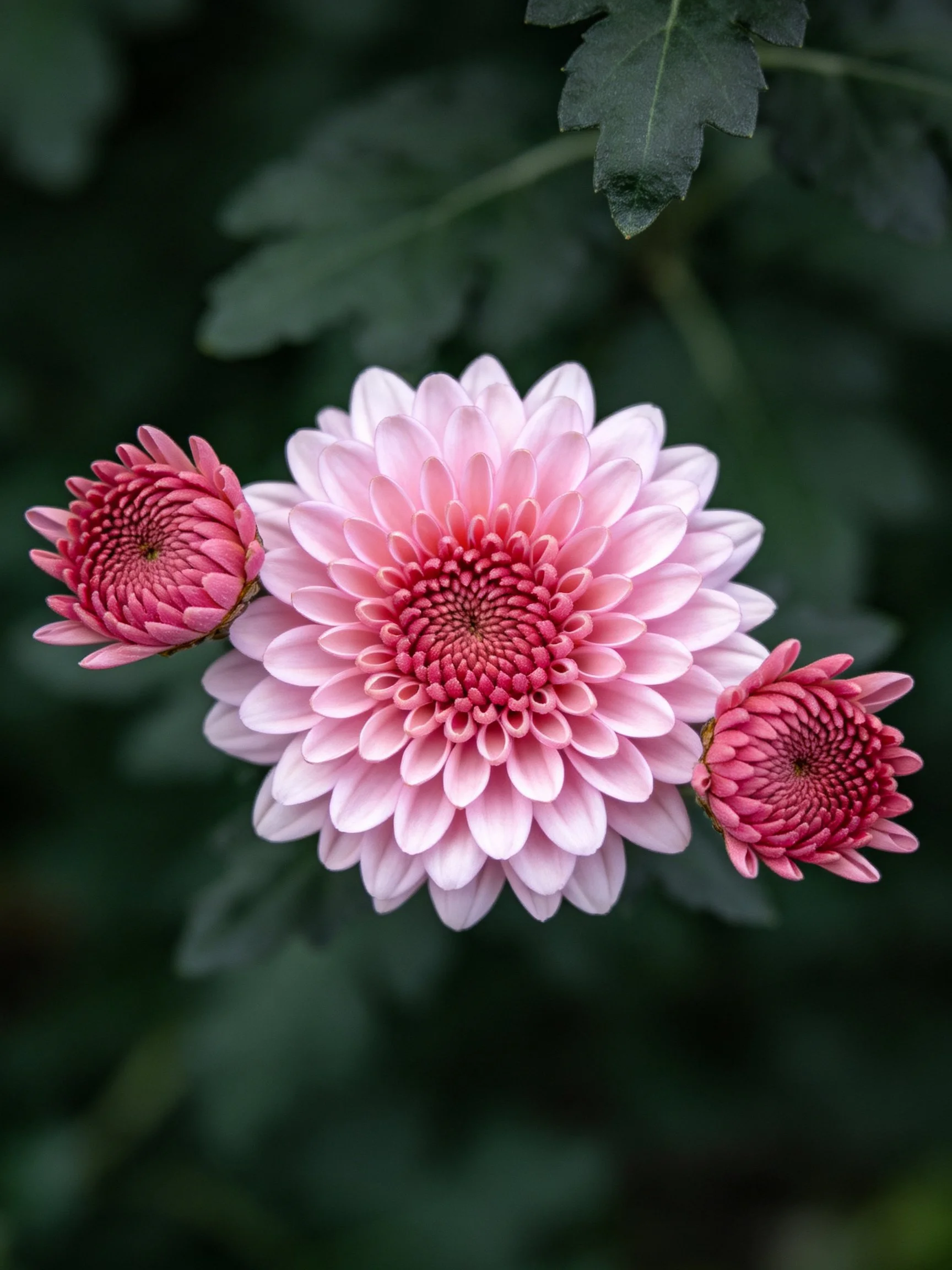 Three pink chrysanthemum blooms, two buds, dark green backdrop