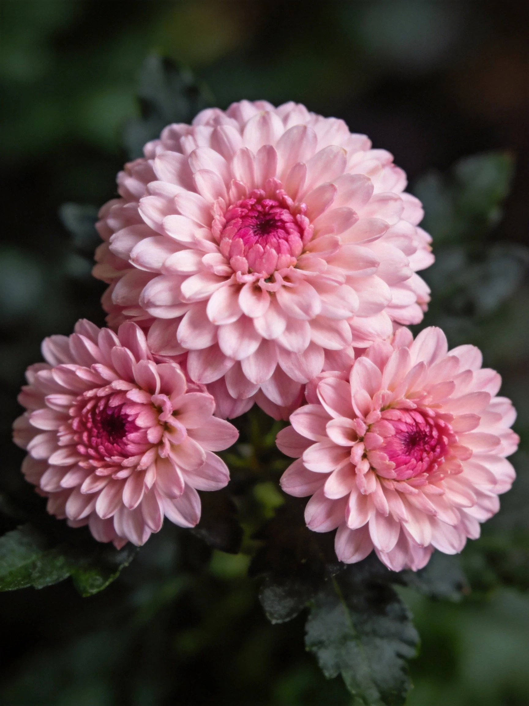 Three pink chrysanthemums with dark centers amid green foliage